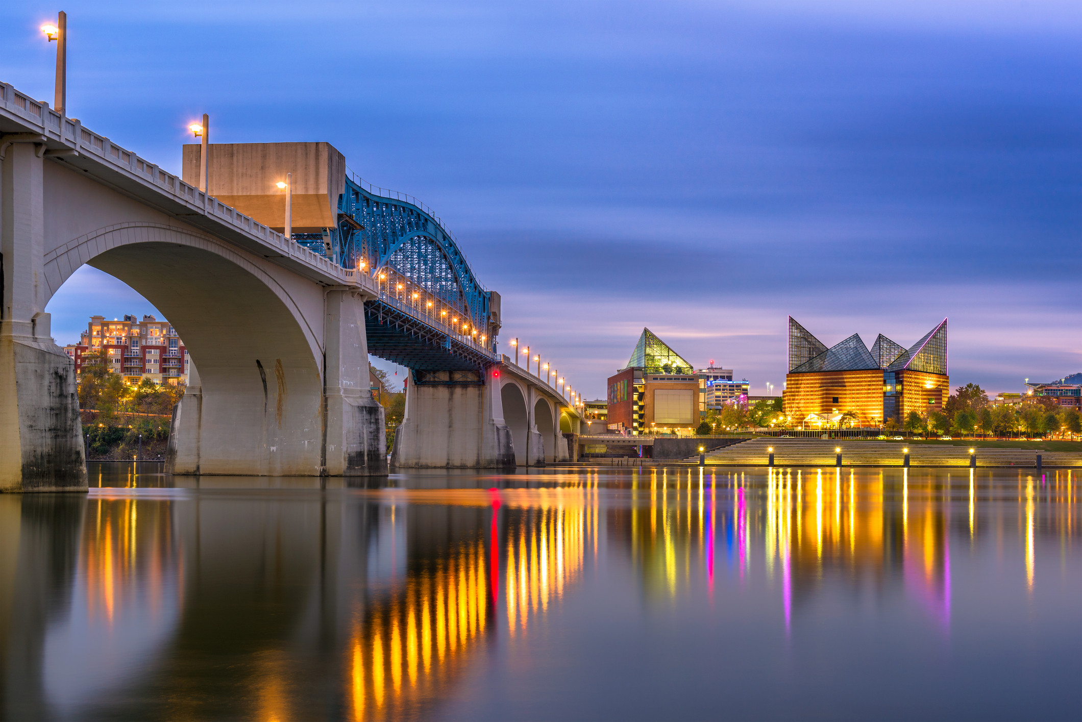 Image of Chattanooga Tennessee USA Downtown Skyline On The Tennessee River At Dusk
