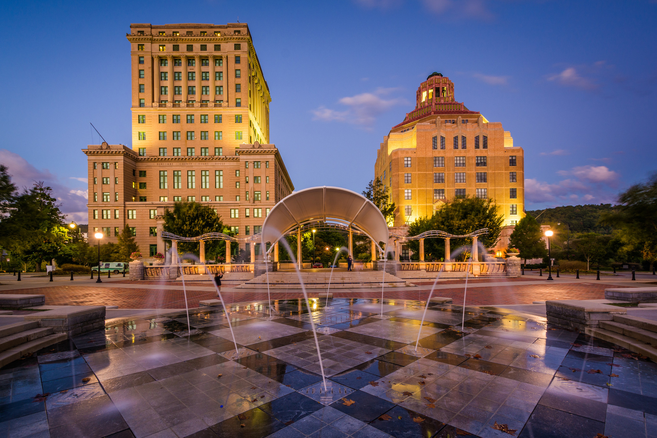 Image of Fountains And Buildings At Night At Pack Square Park In Downtown Asheville