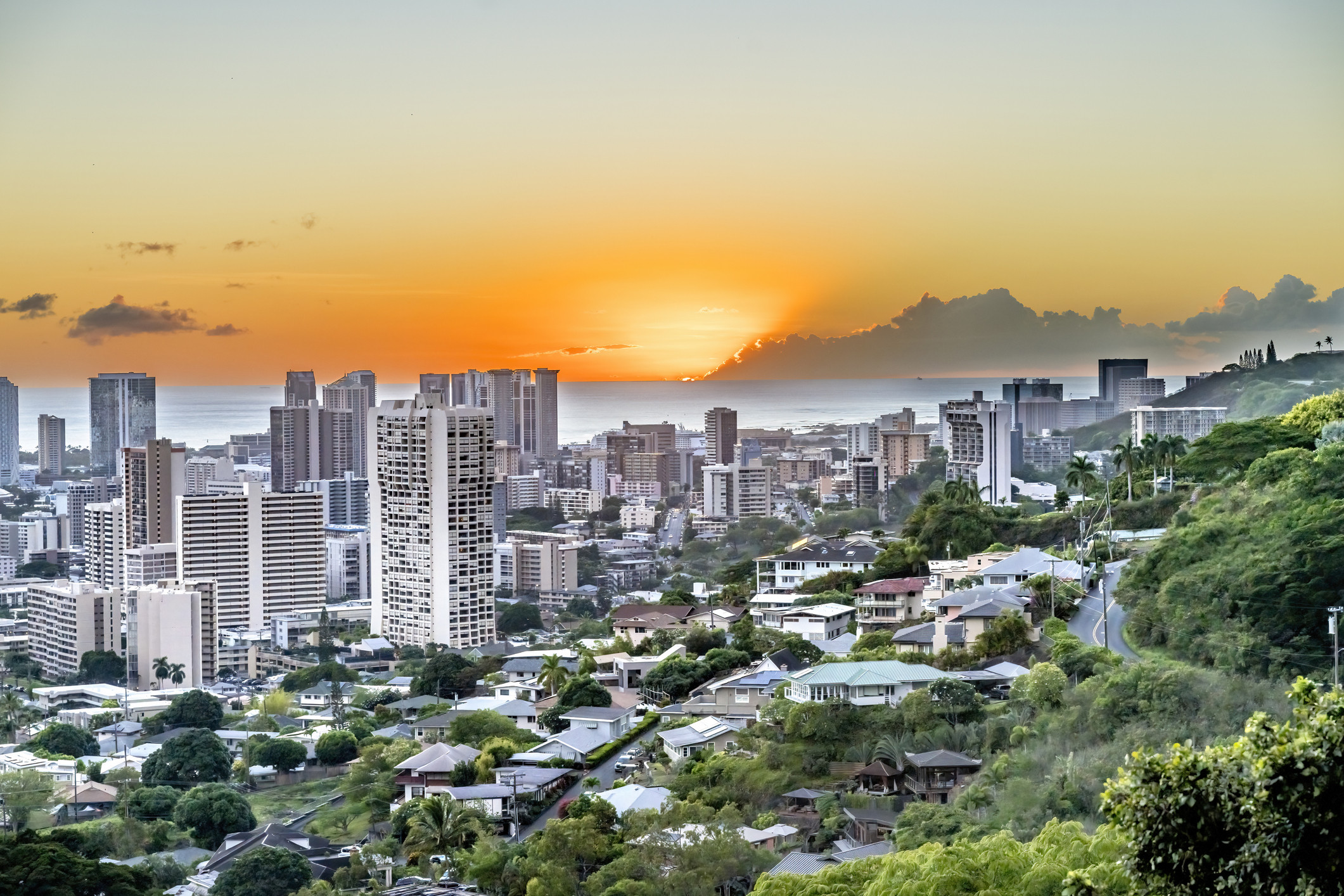 Image of Colorful Sunset Tantalus Lookout Downtown Honolulu Hawaii