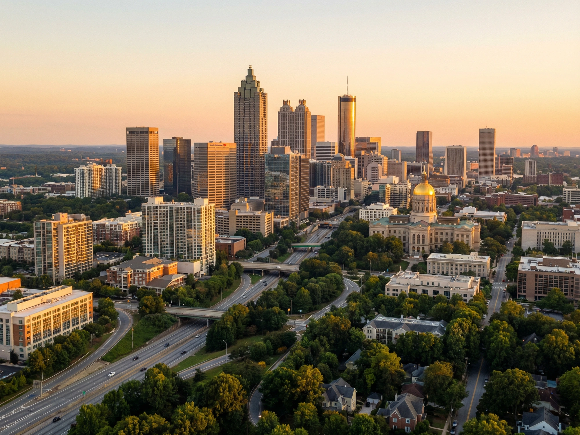 Panoramic aerial view of Atlanta skyline at golden hour