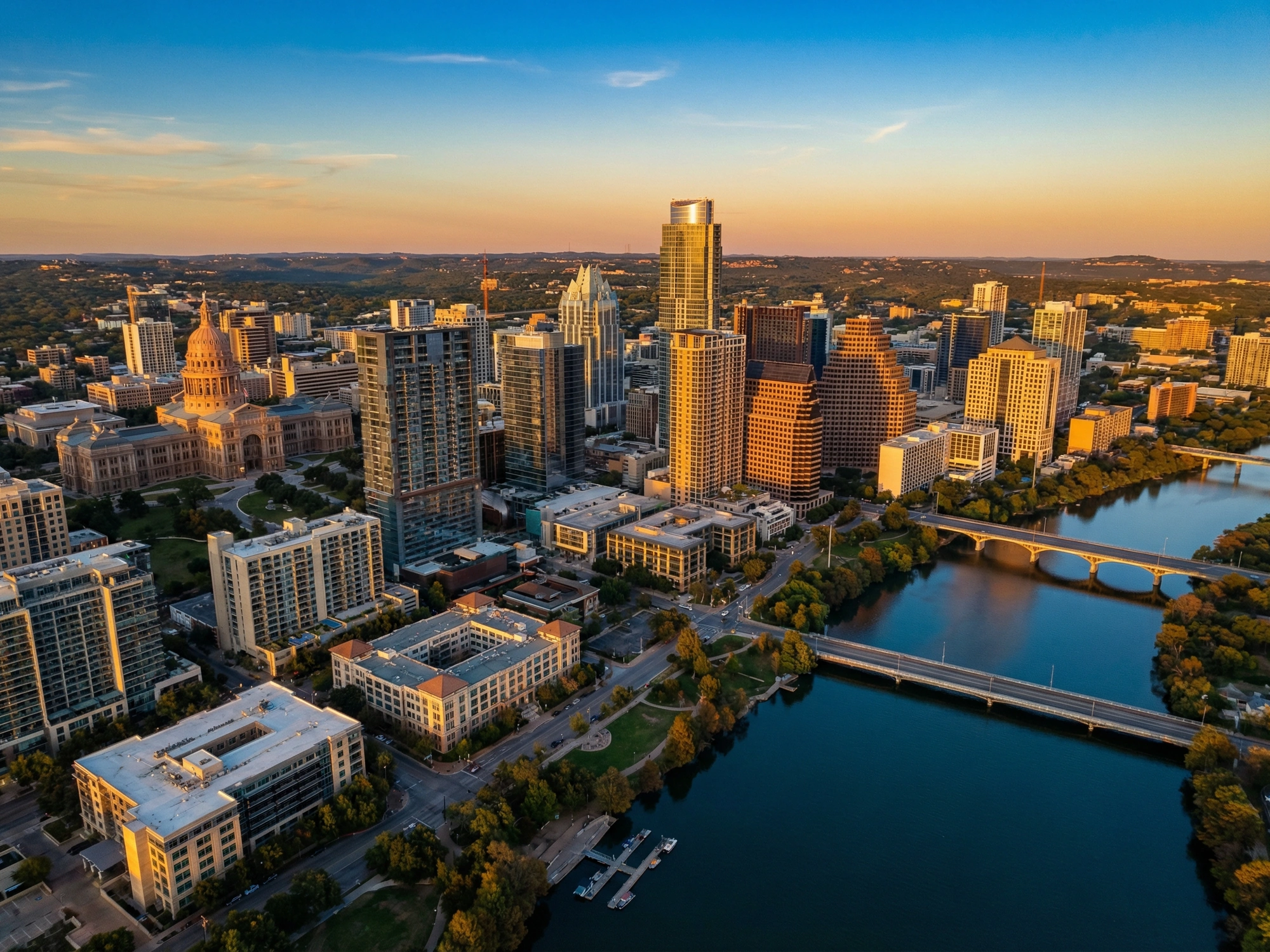 Panoramic aerial view of Austin skyline at golden hour