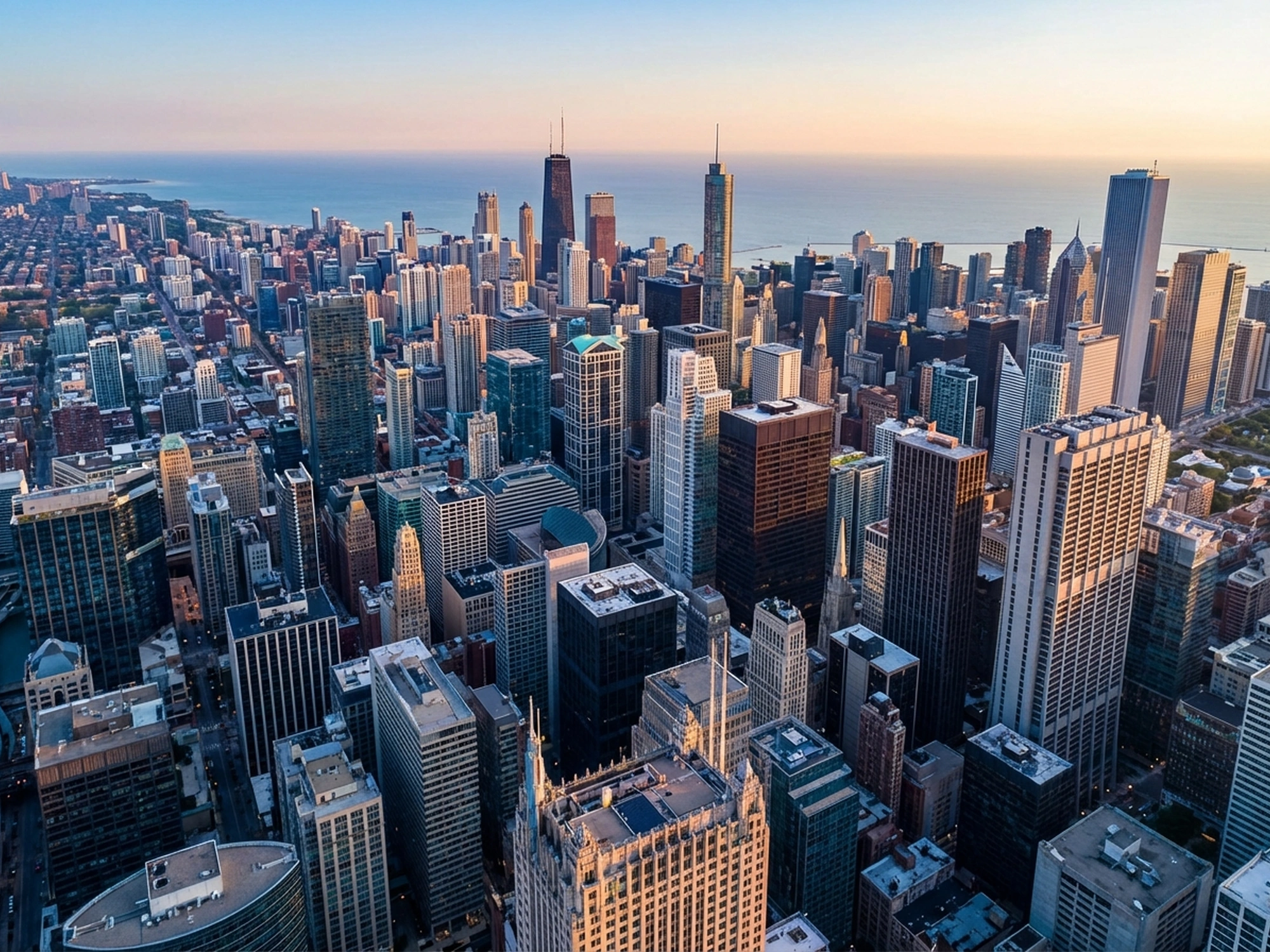 Panoramic aerial view of Chicago skyline at golden hour