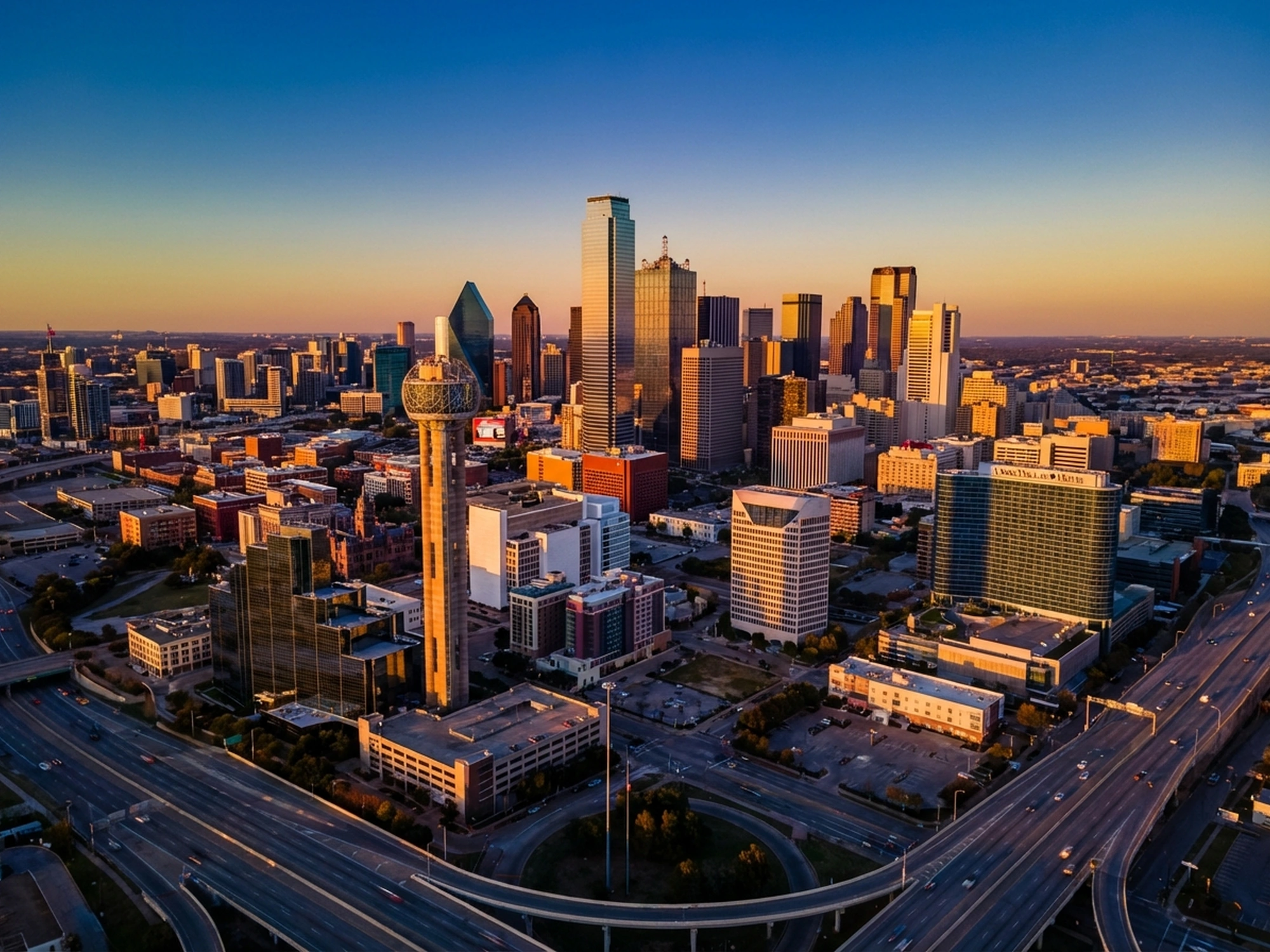 Panoramic aerial view of Dallas skyline at golden hour