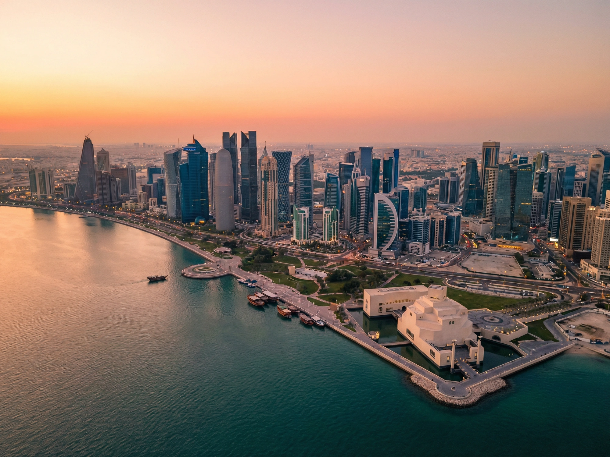 Panoramic aerial view of Doha skyline at golden hour