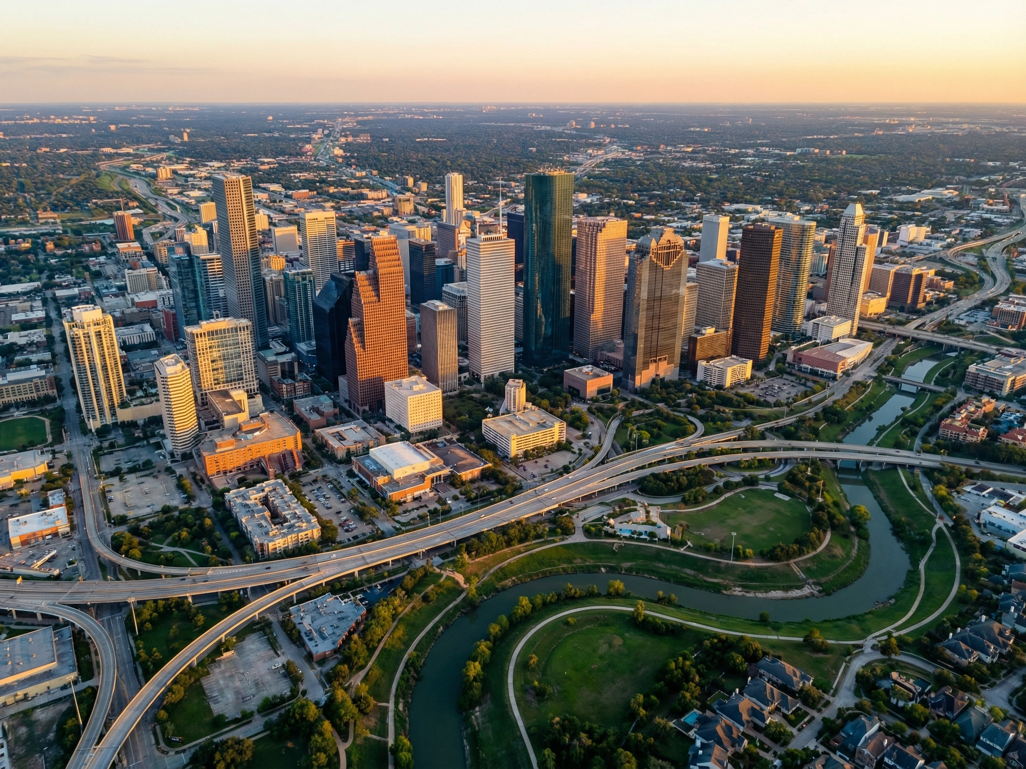 Panoramic aerial view of Houston skyline at golden hour