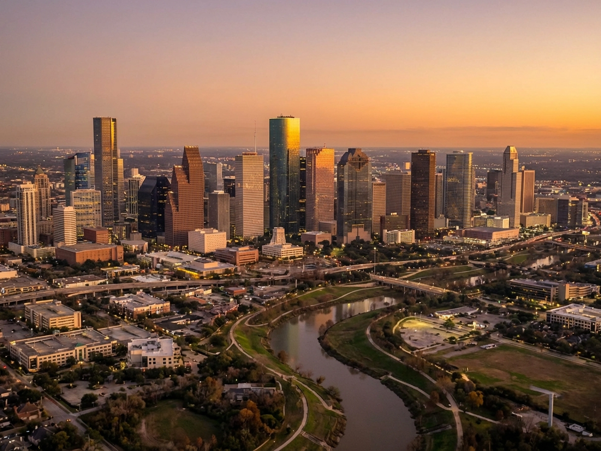Panoramic aerial view of Houston skyline at golden hour