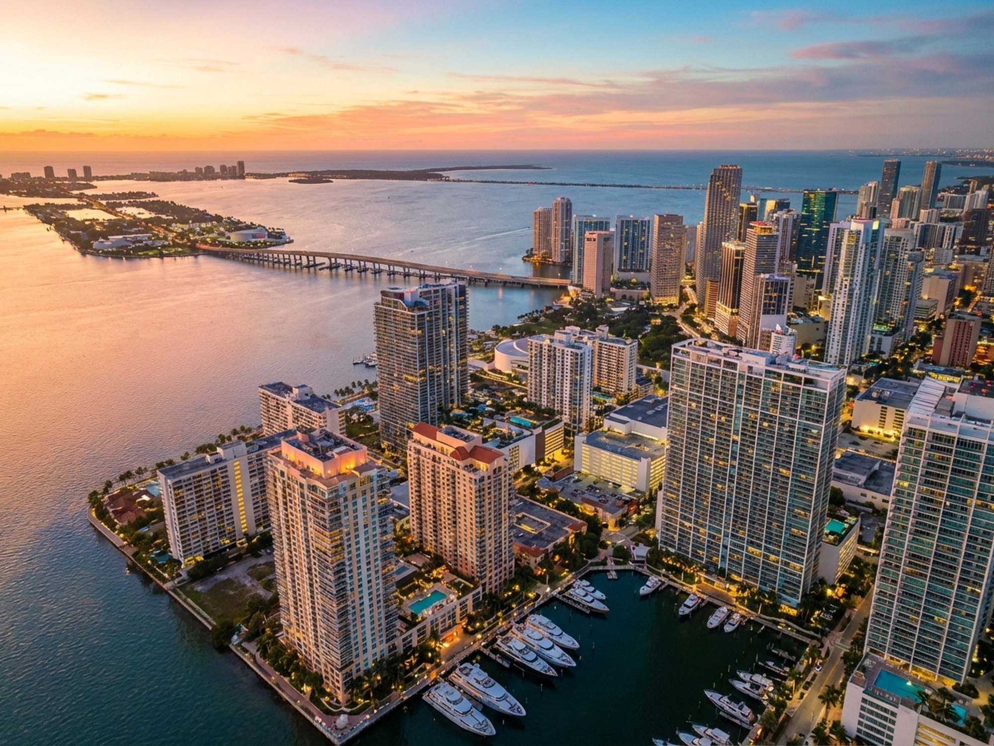 Panoramic aerial view of Miami skyline at golden hour