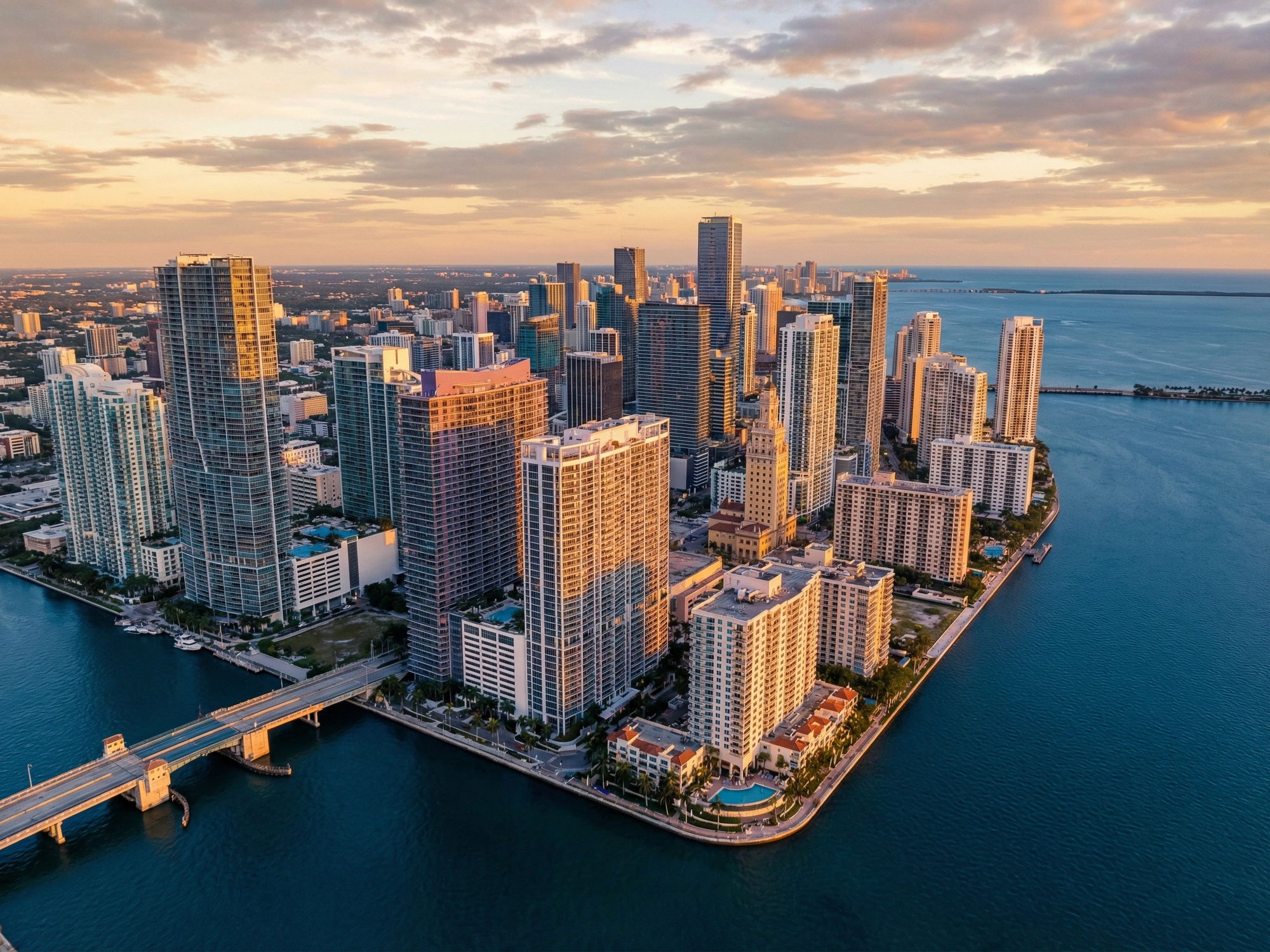 Panoramic aerial view of Miami skyline at golden hour