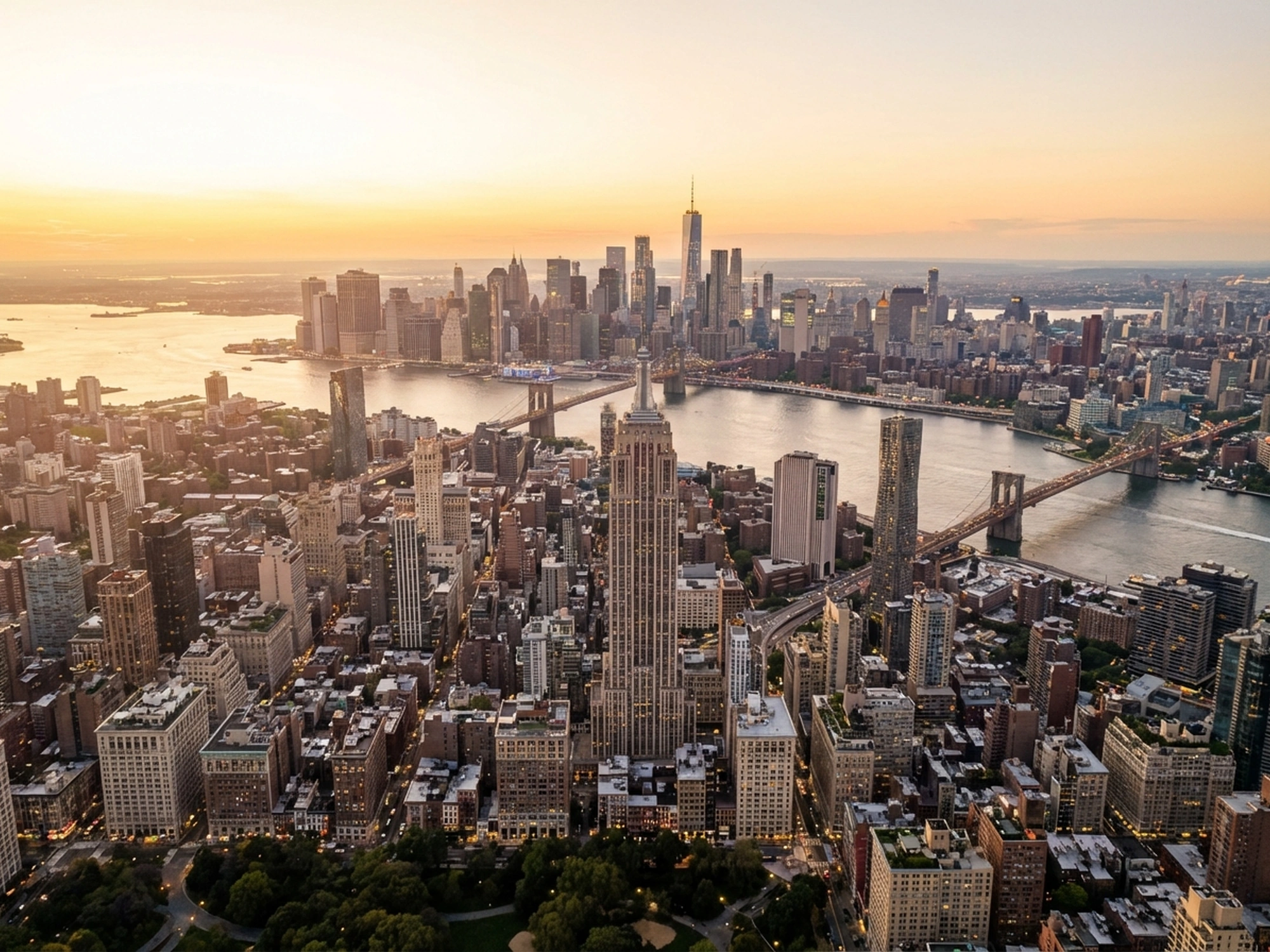 Panoramic aerial view of New York skyline at golden hour