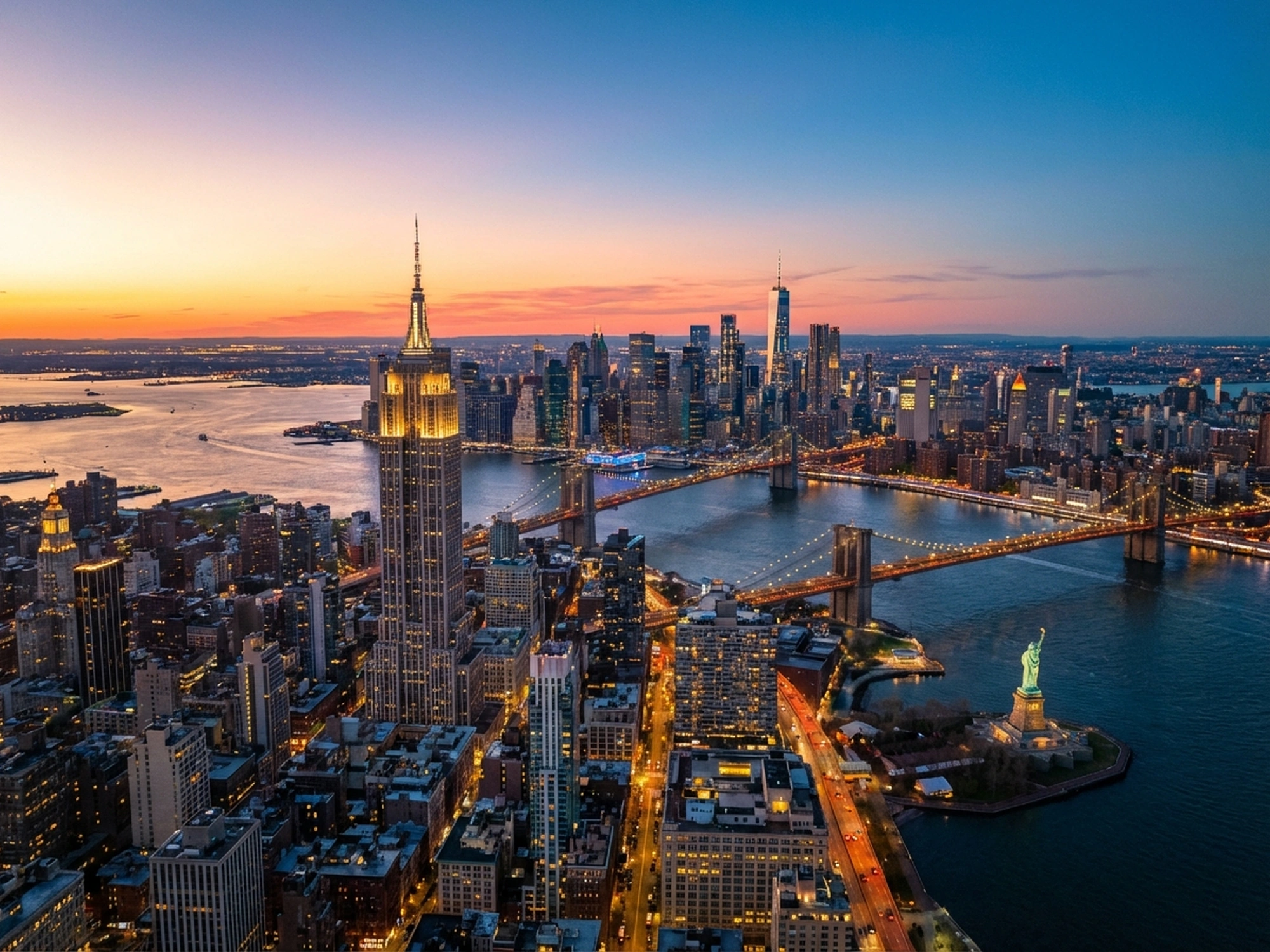 Panoramic aerial view of New York skyline at golden hour
