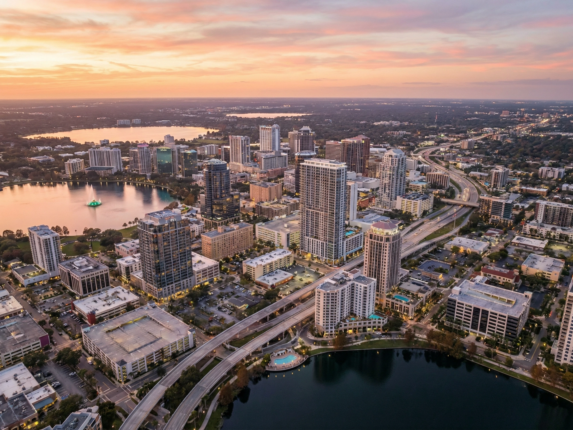 Panoramic aerial view of Orlando skyline at golden hour