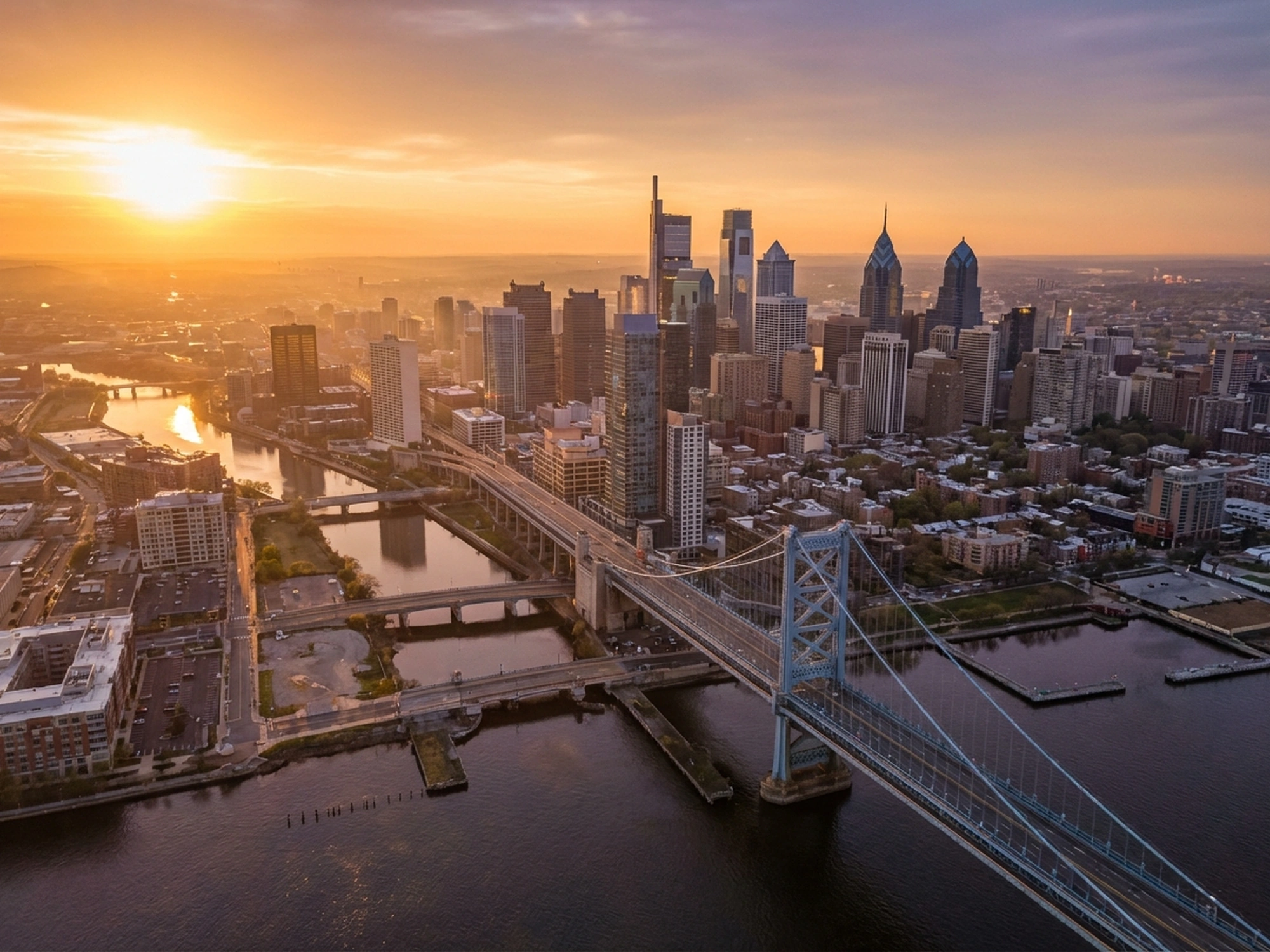 Panoramic aerial view of Philadelphia skyline at golden hour