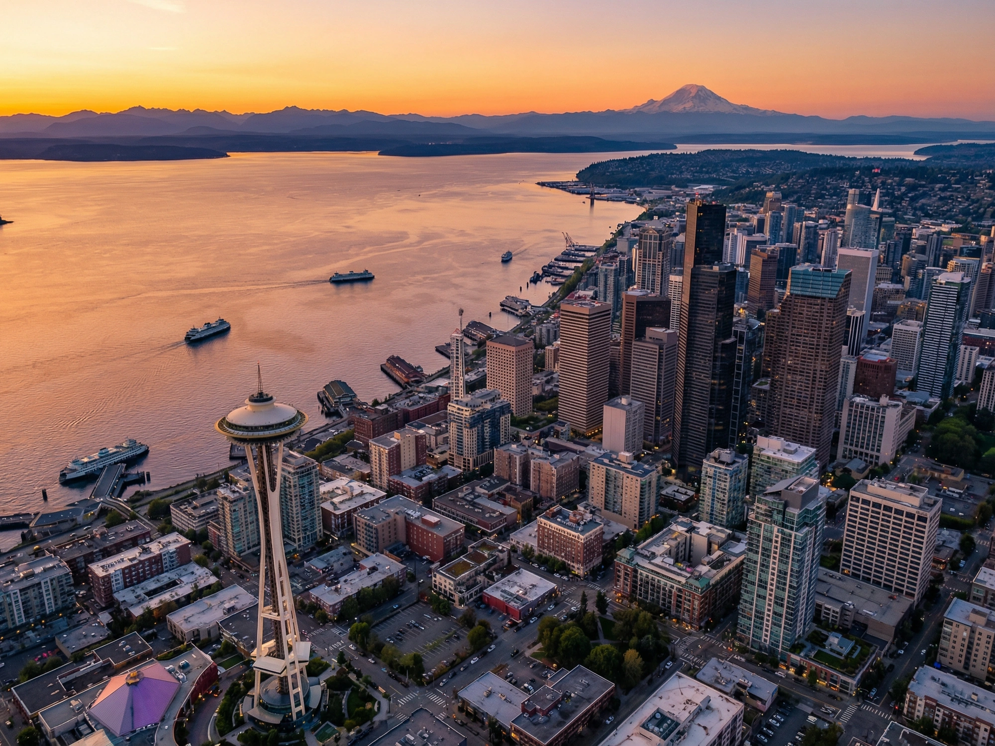 Panoramic aerial view of Seattle skyline at golden hour