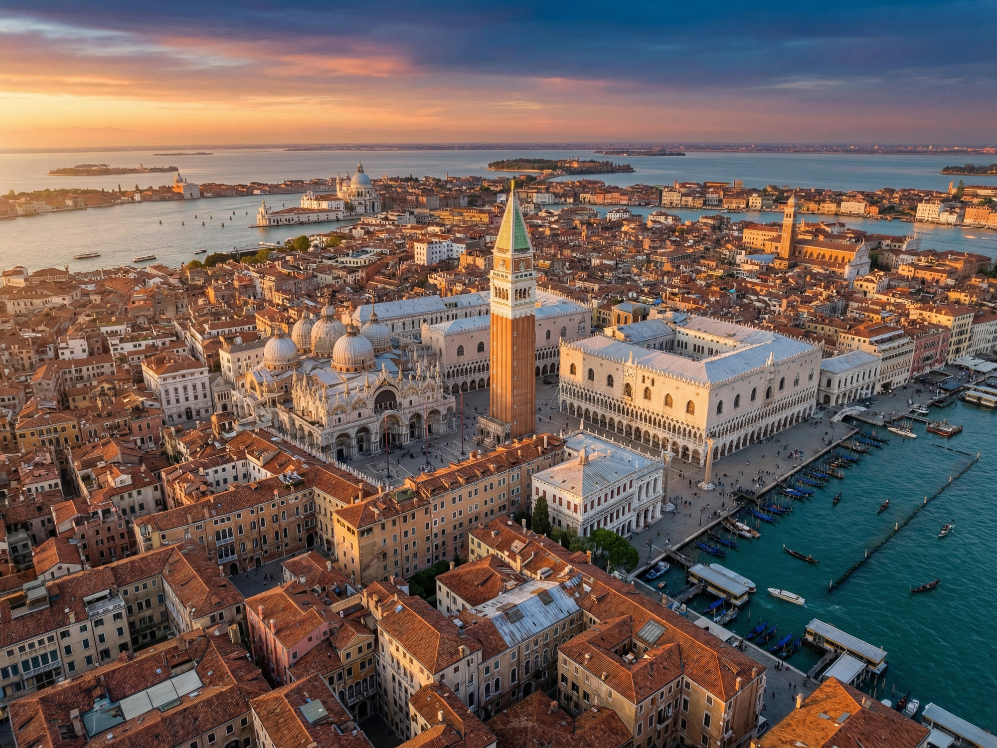 Panoramic aerial view of Venice skyline at golden hour