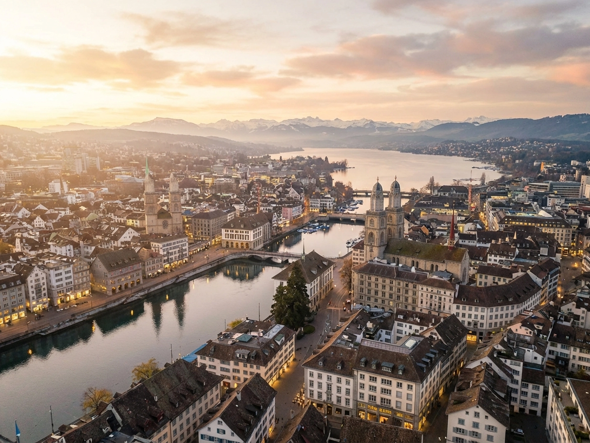 Panoramic aerial view of Zurich skyline at golden hour