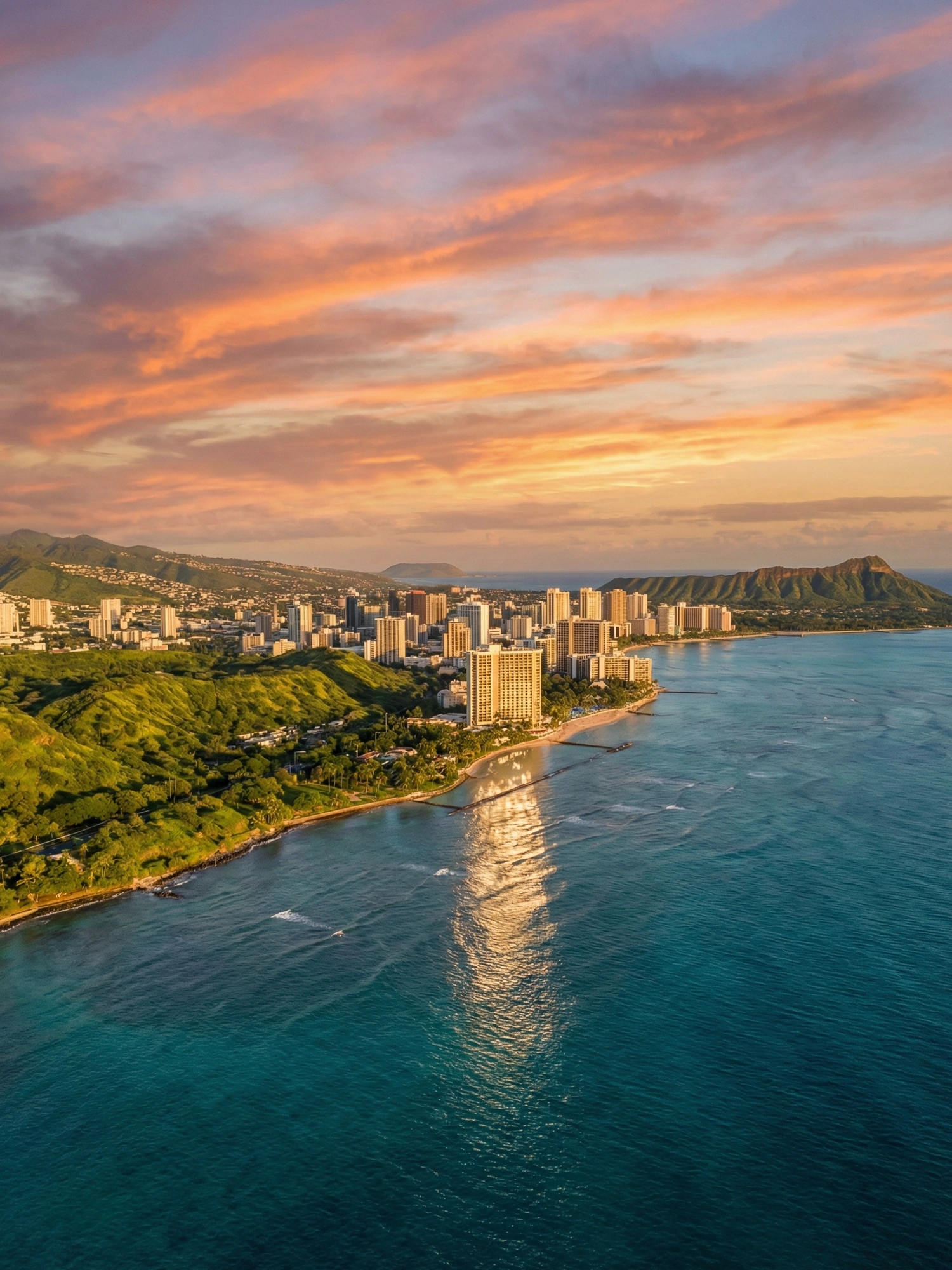 Image of Panoramic Cityscape View Of Hawaii At Sunset
