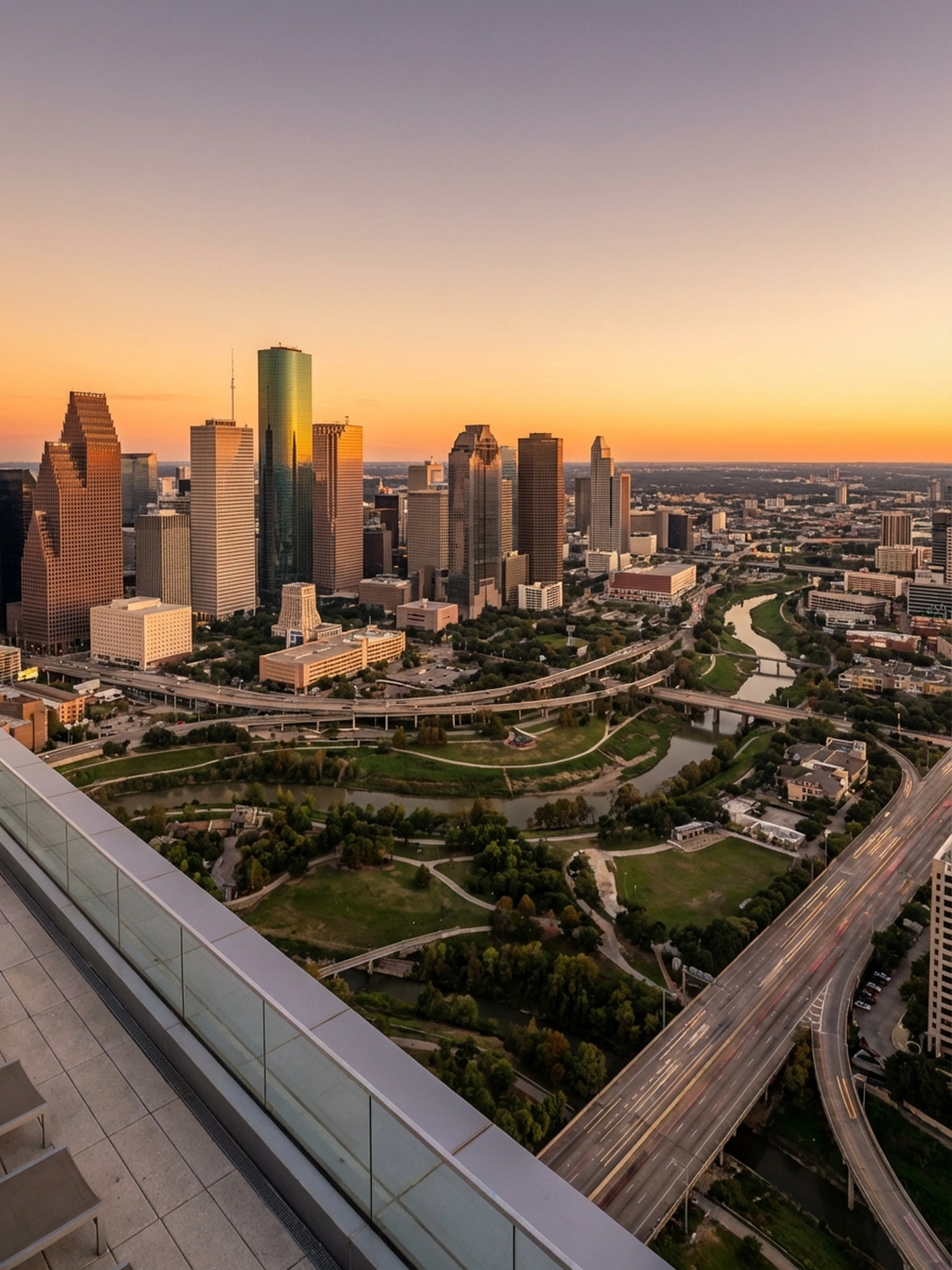 Image of Panoramic Cityscape View Of Houston At Sunset