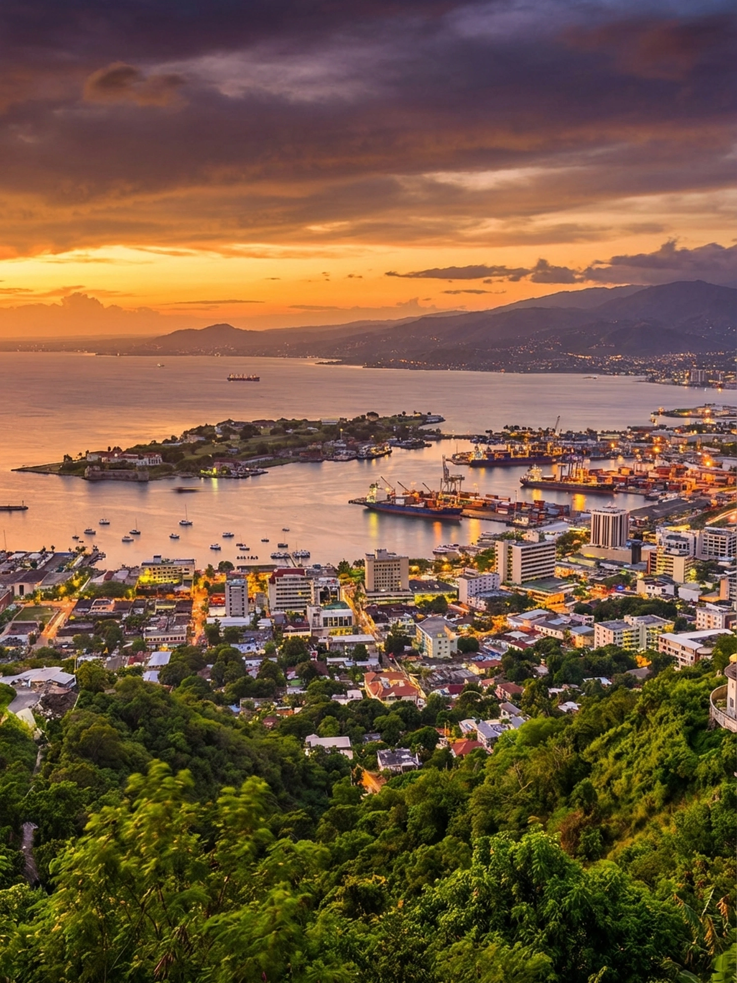 Image of Panoramic Cityscape View Of Jamaica At Sunset