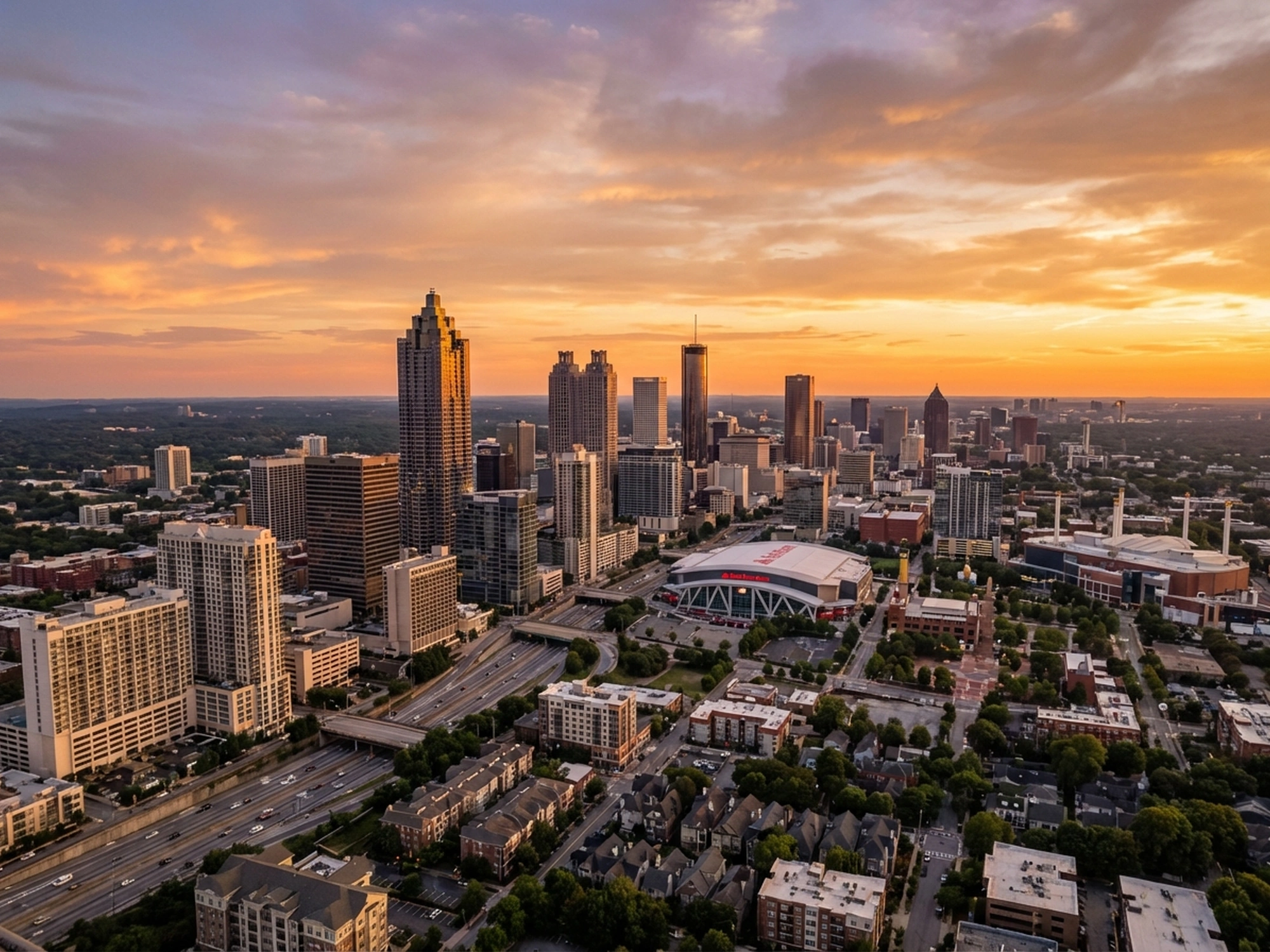 Panoramic aerial view of Atlanta skyline at golden hour