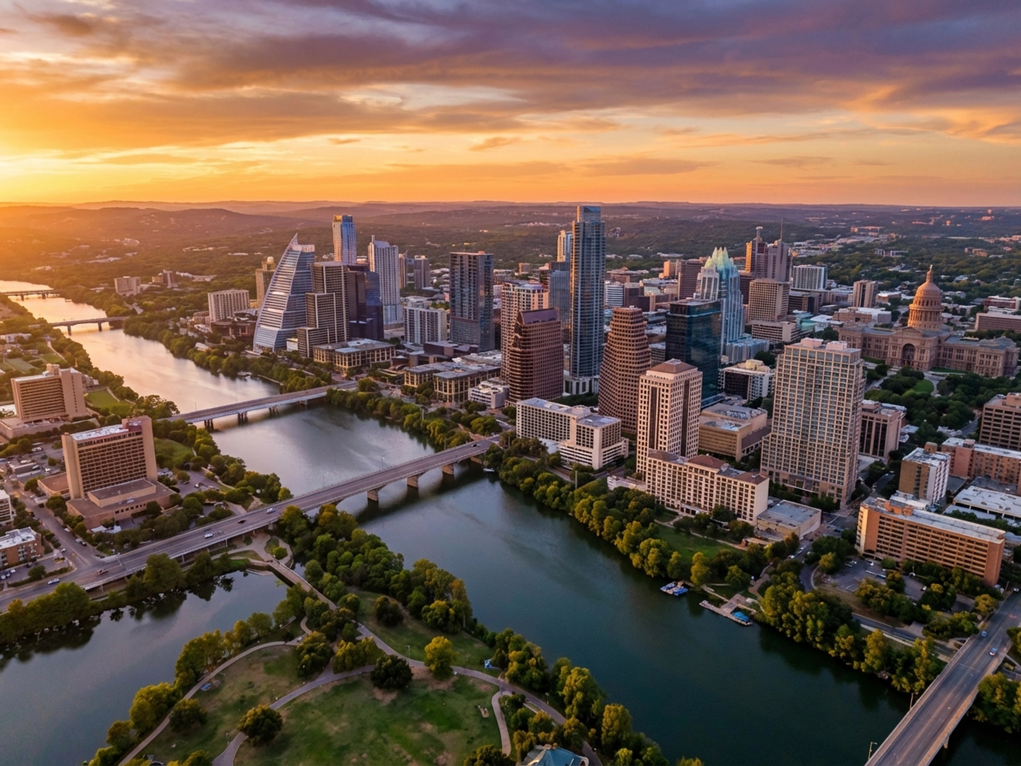 Panoramic aerial view of Austin skyline at golden hour