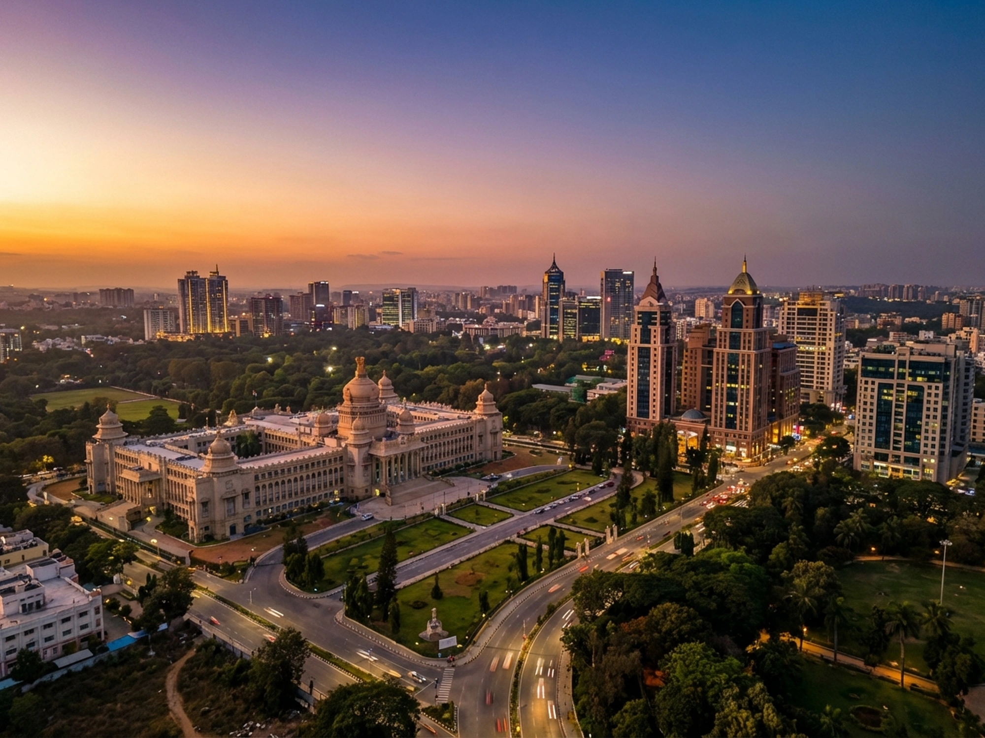 Panoramic aerial view of Bangalore skyline at golden hour