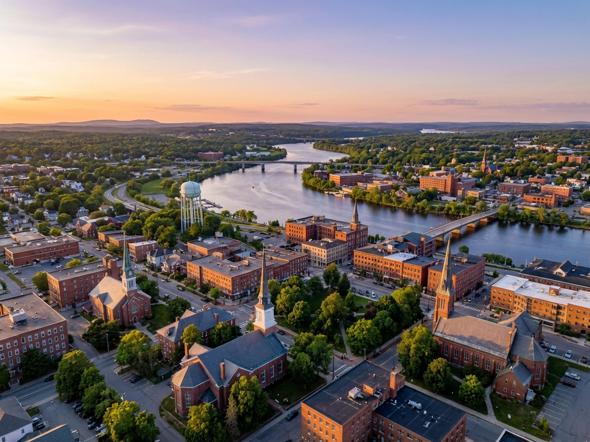 Panoramic aerial view of Bangor skyline at golden hour