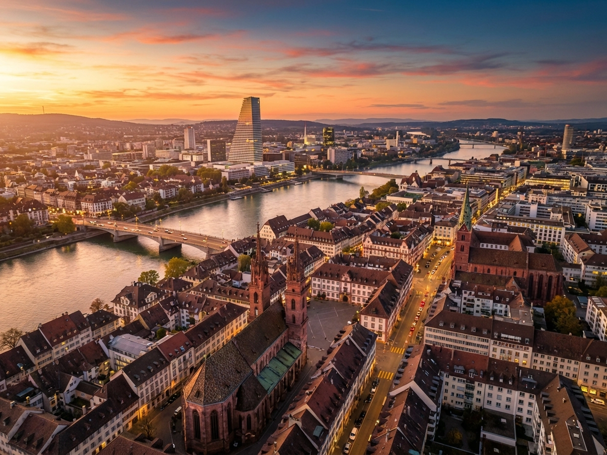 Panoramic aerial view of Basel skyline at golden hour