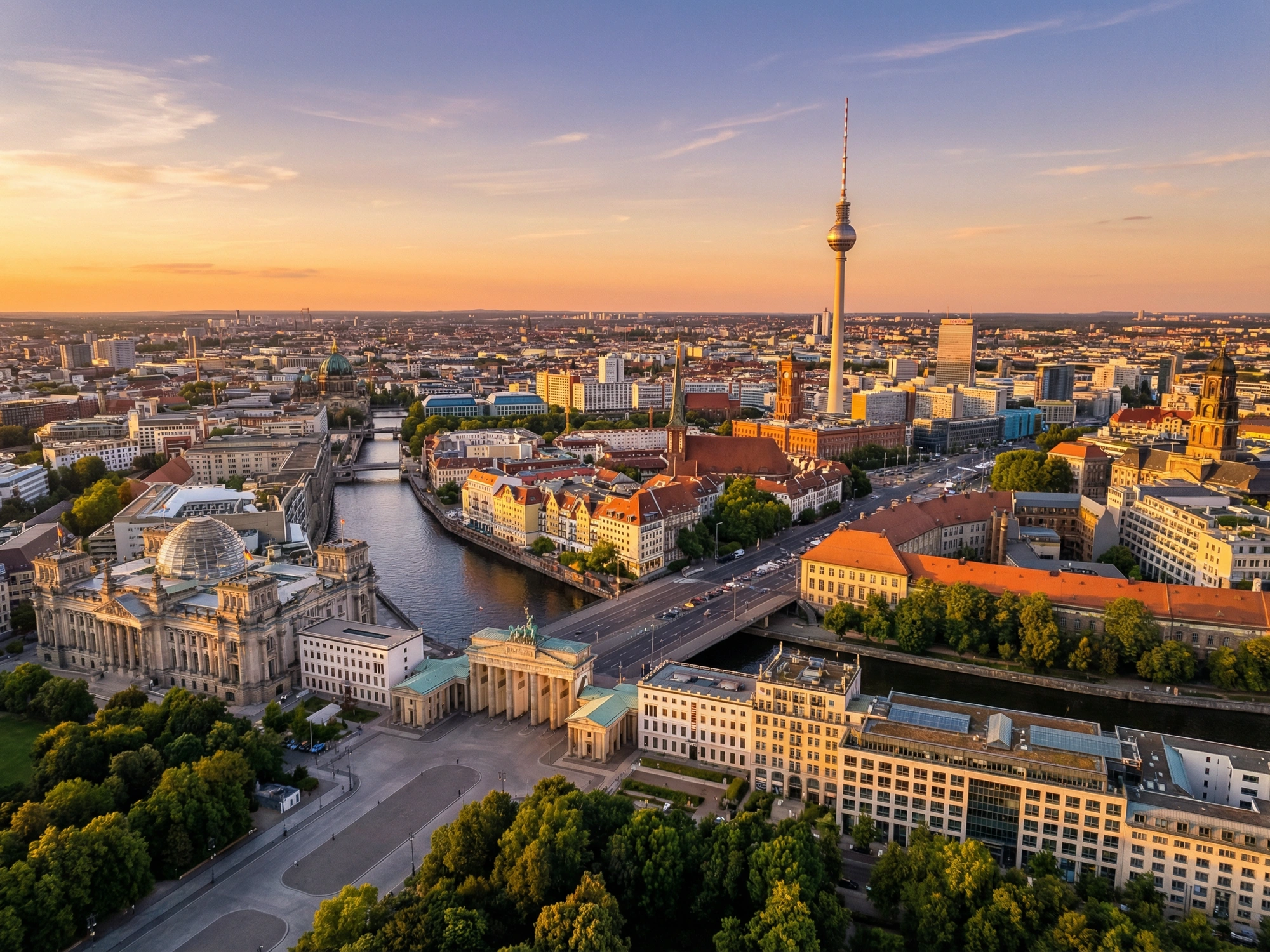 Panoramic aerial view of Berlin skyline at golden hour