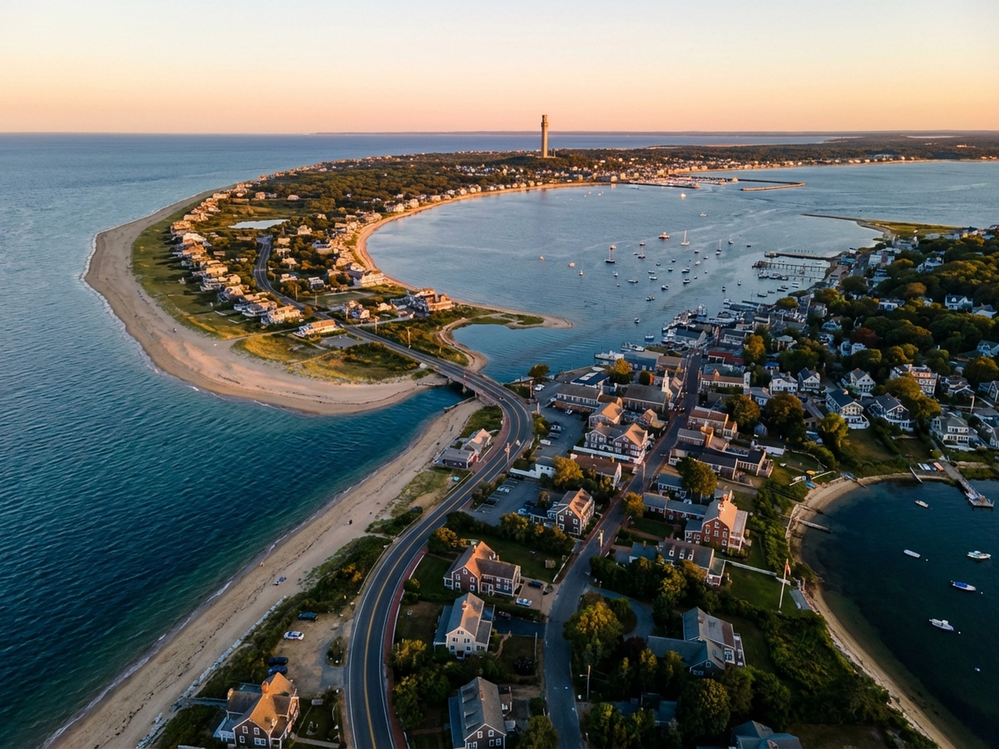 Panoramic aerial view of Cape Cod skyline at golden hour
