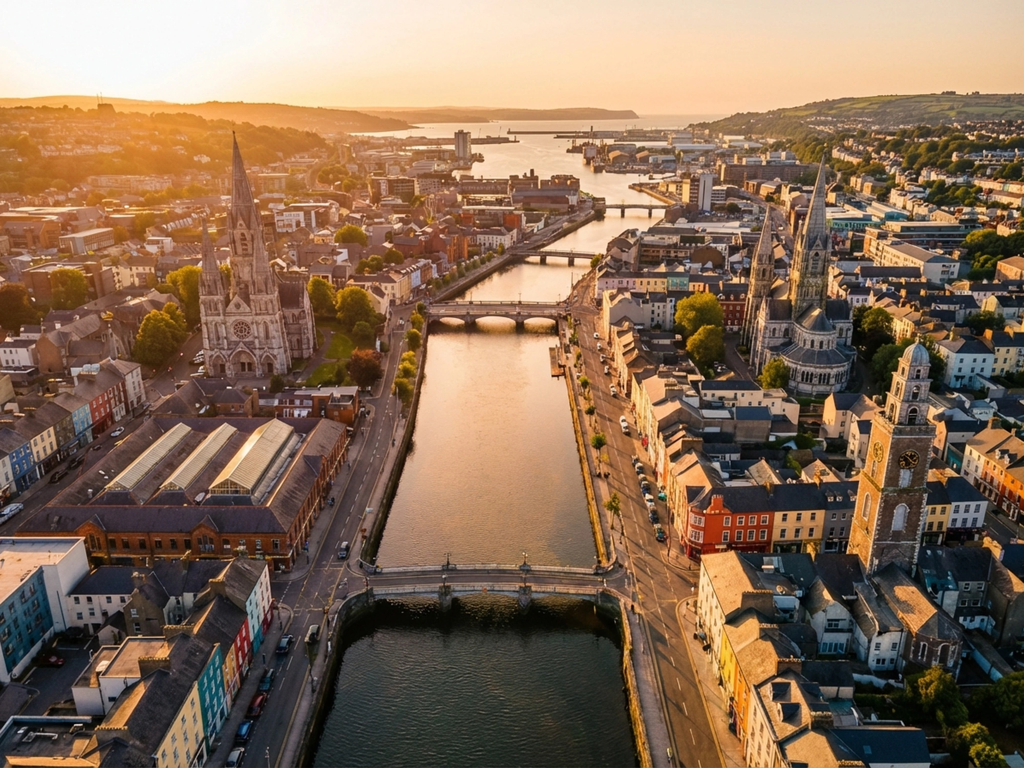 Panoramic aerial view of Cork skyline at golden hour