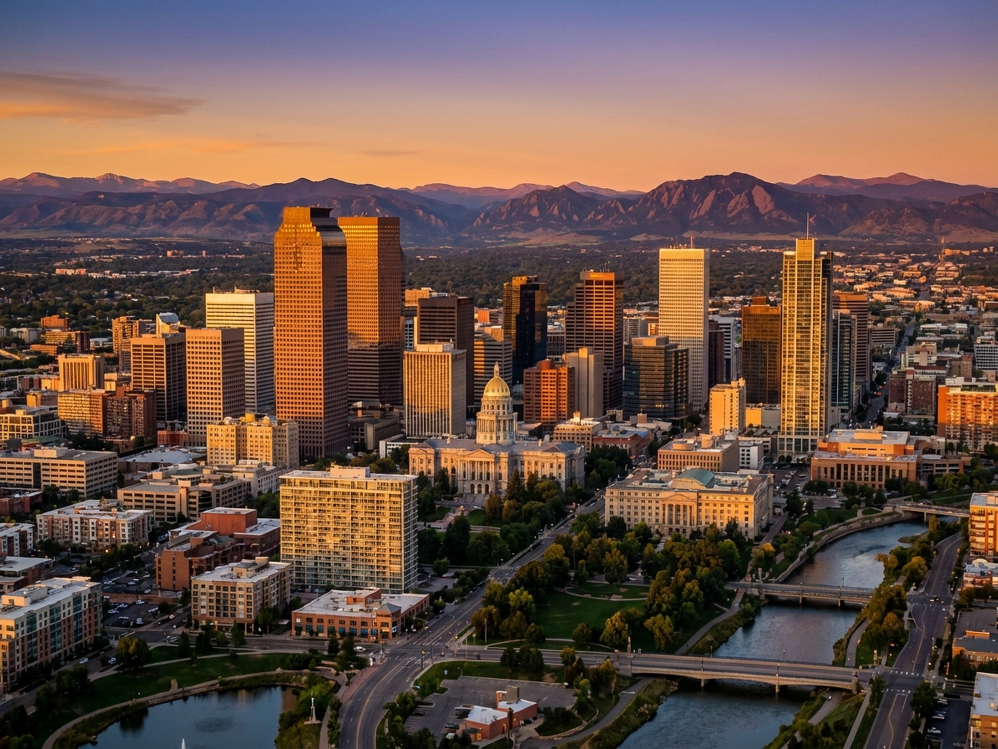 Panoramic aerial view of Denver skyline at golden hour