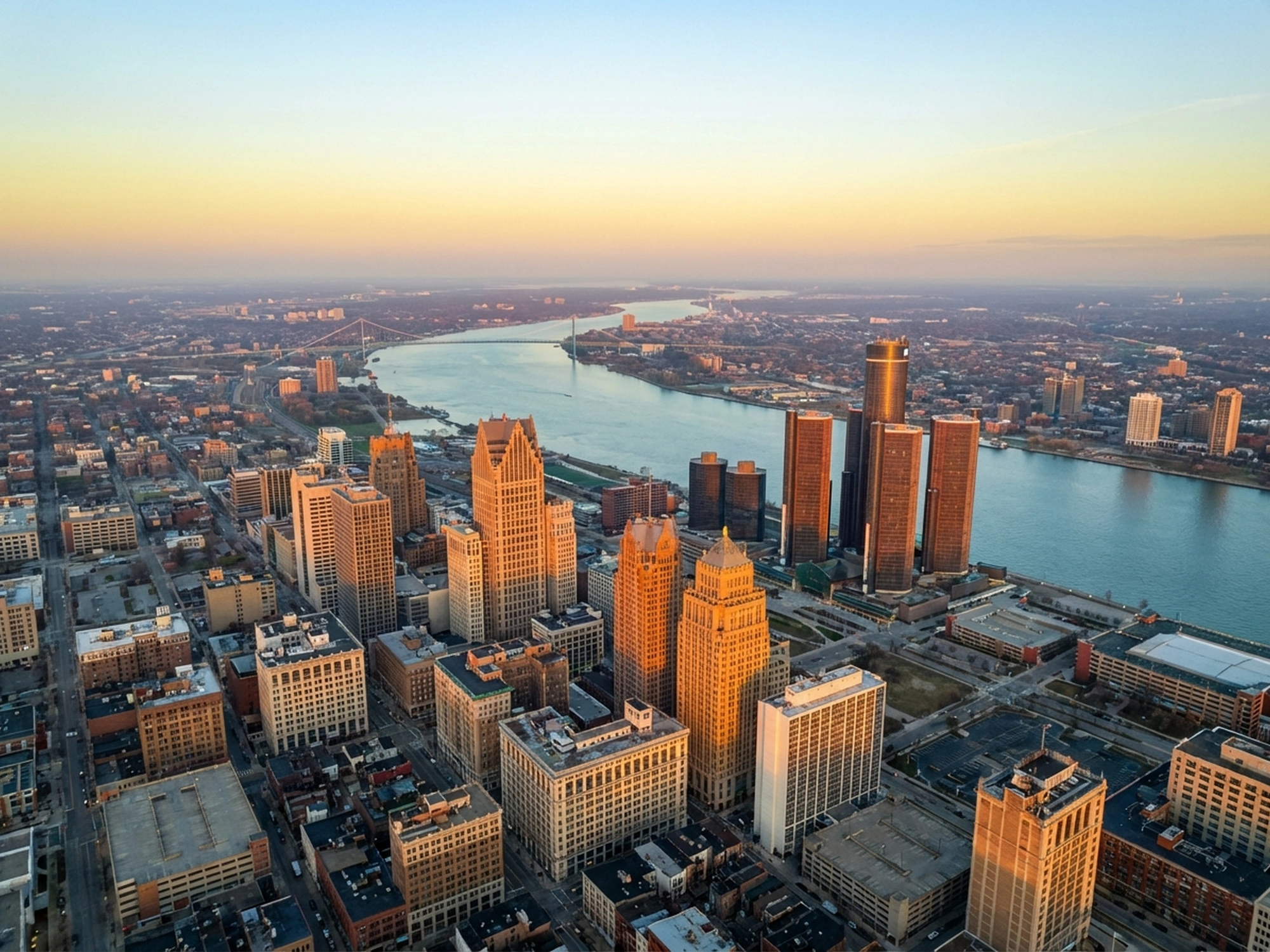 Panoramic aerial view of Detroit skyline at golden hour