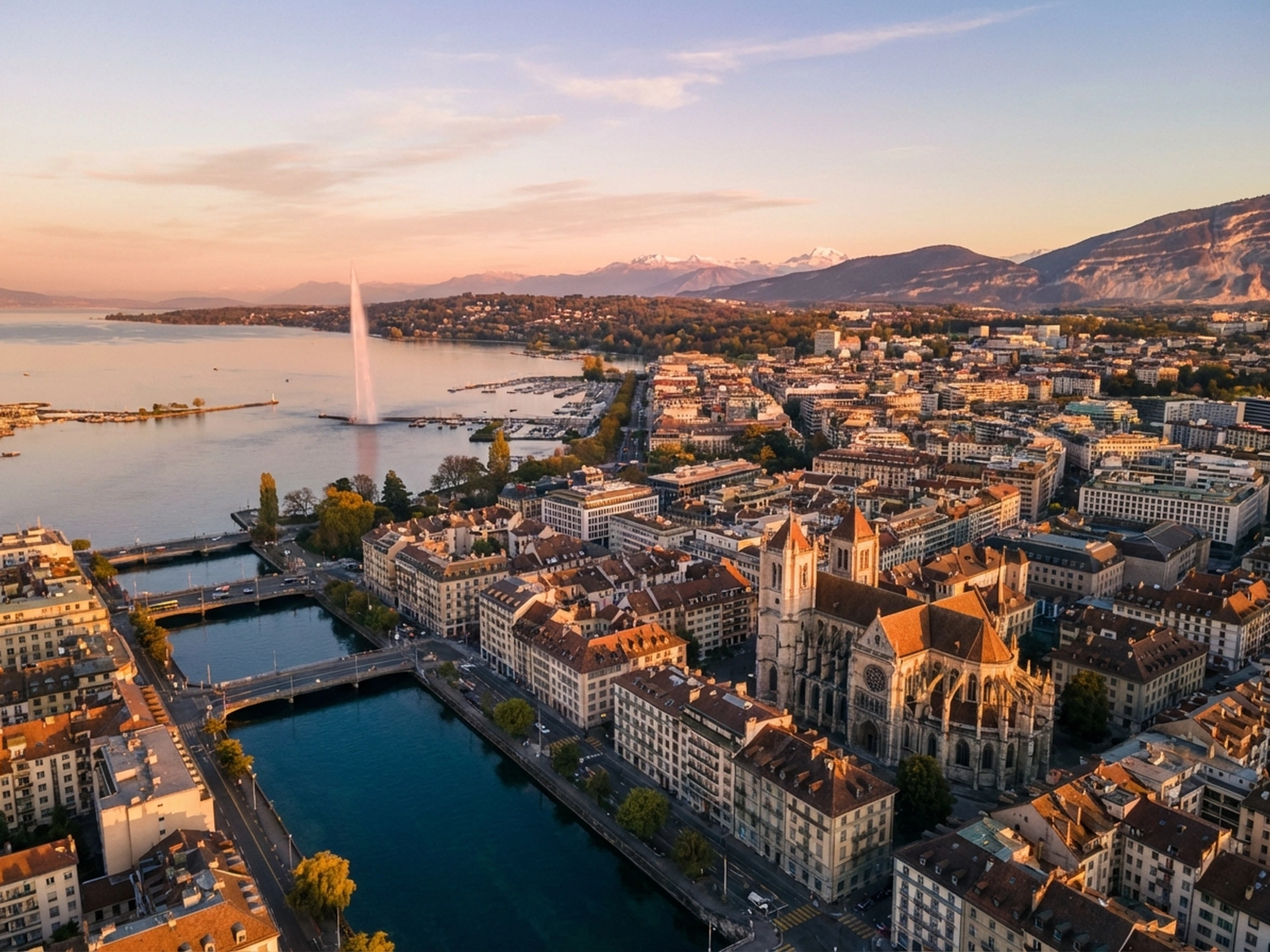 Panoramic aerial view of Geneva skyline at golden hour