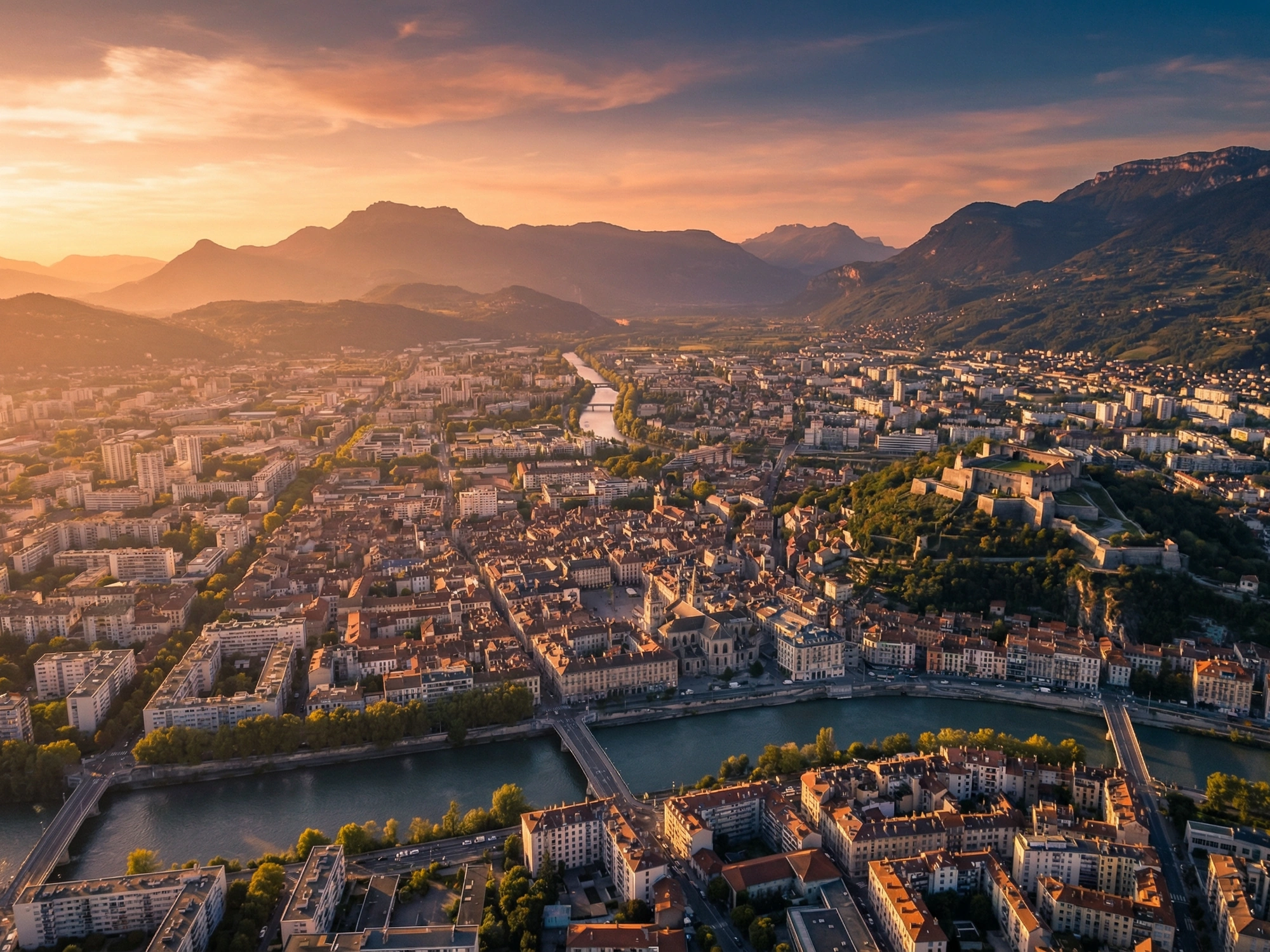 Panoramic aerial view of Grenoble skyline at golden hour