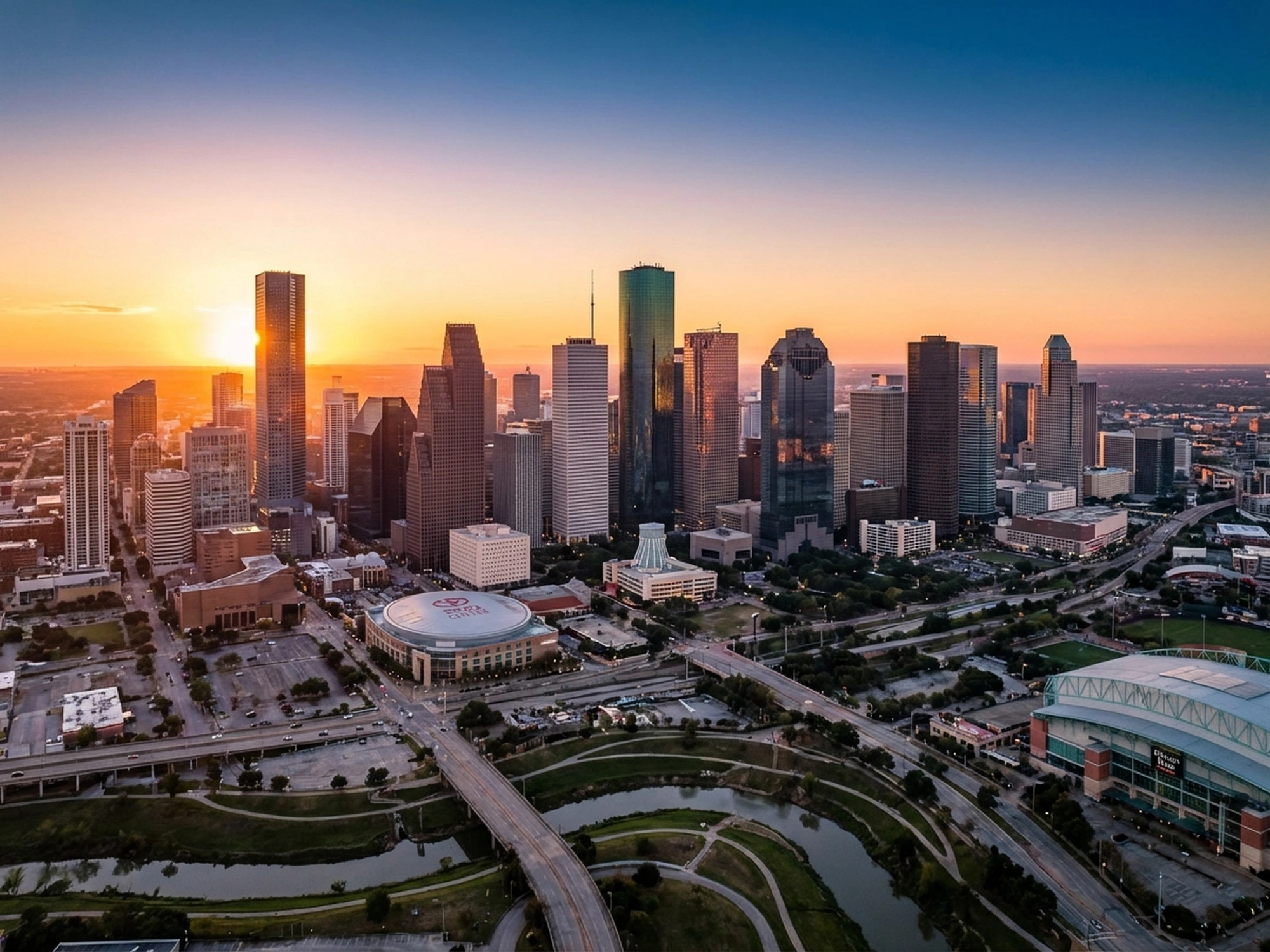Panoramic aerial view of Houston skyline at golden hour