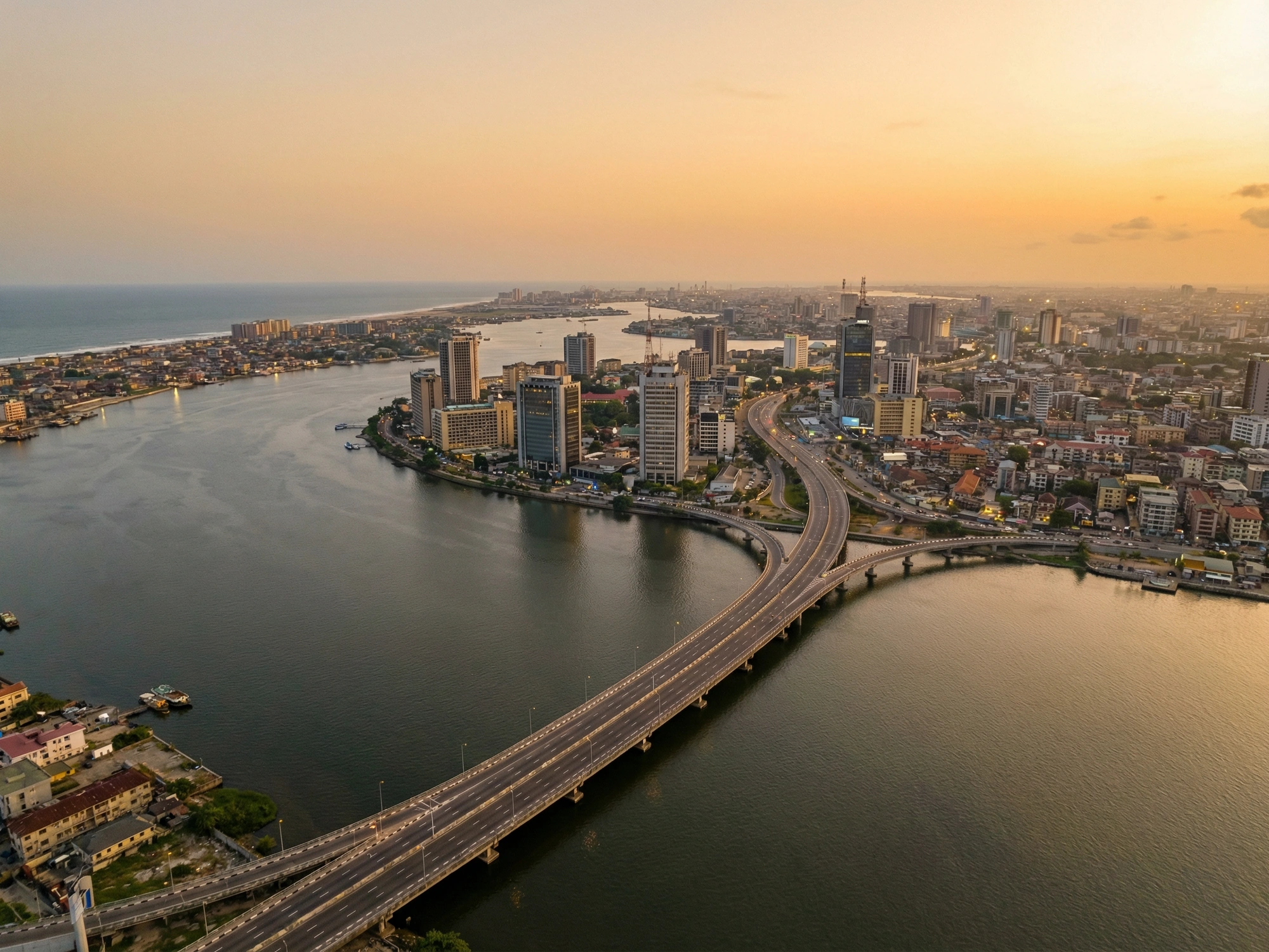 Panoramic aerial view of Lagos skyline at golden hour