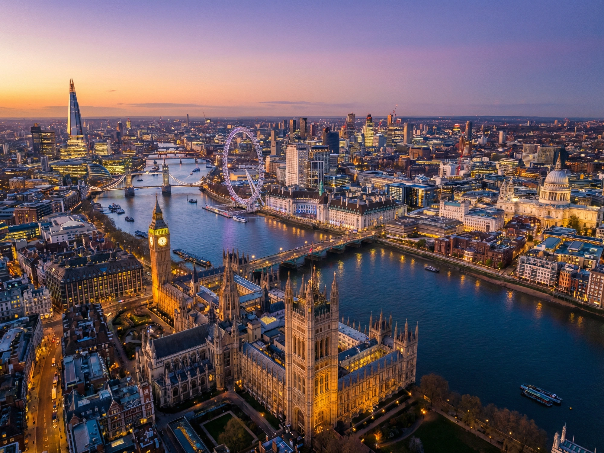 Panoramic aerial view of London skyline at golden hour