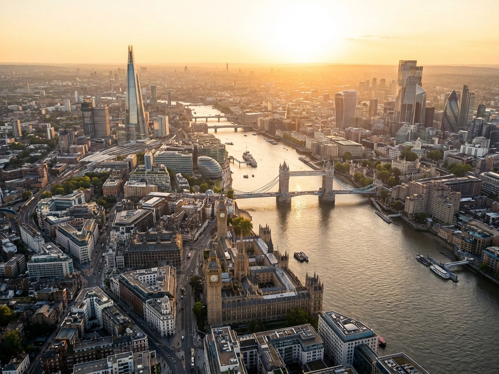 Panoramic aerial view of London skyline at golden hour
