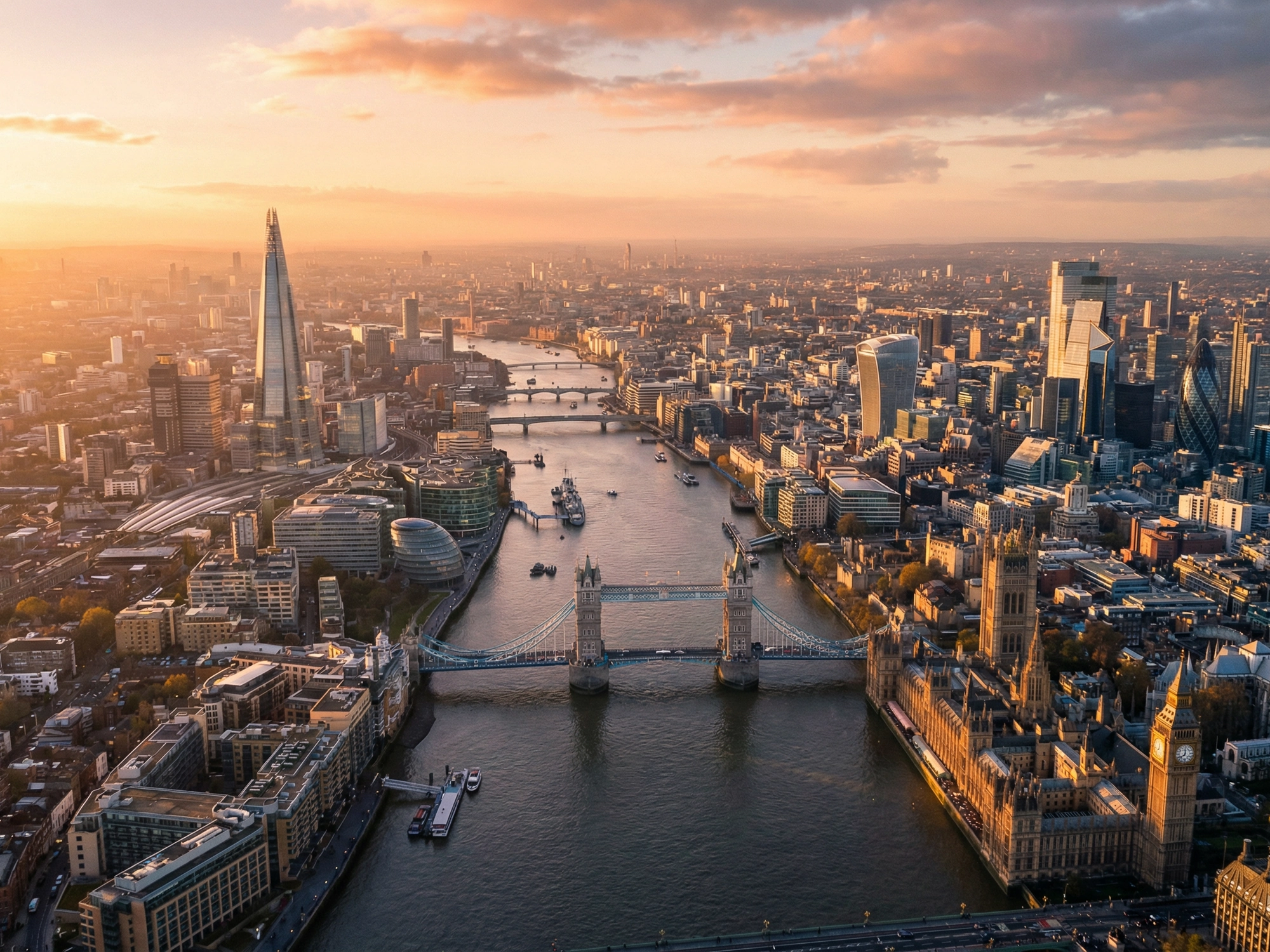 Panoramic aerial view of London skyline at golden hour