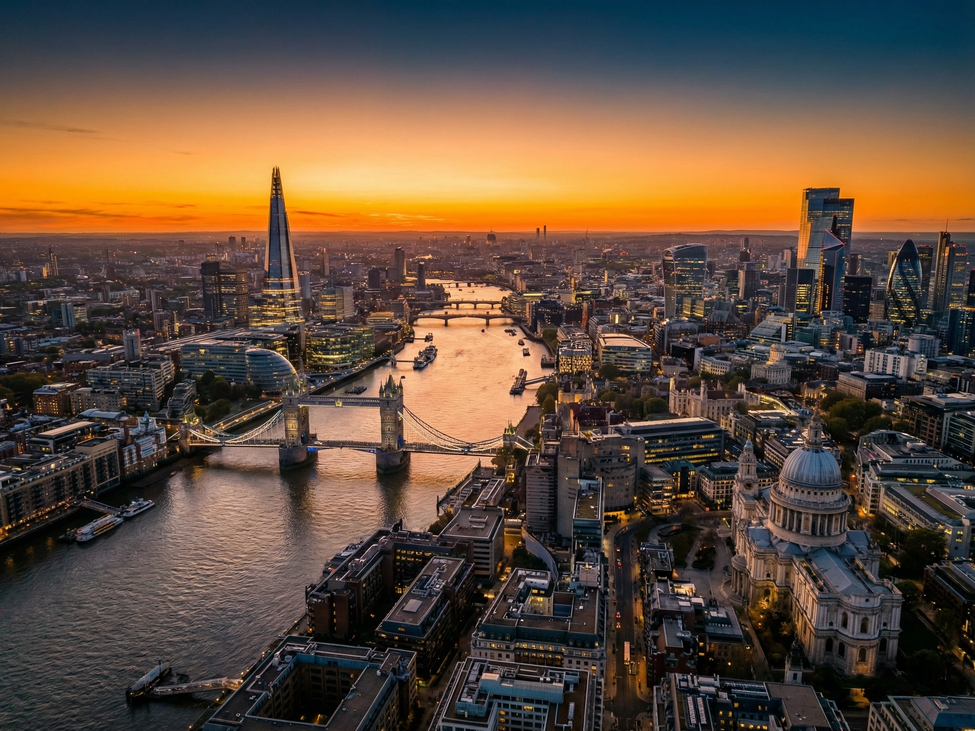 Panoramic aerial view of London skyline at golden hour