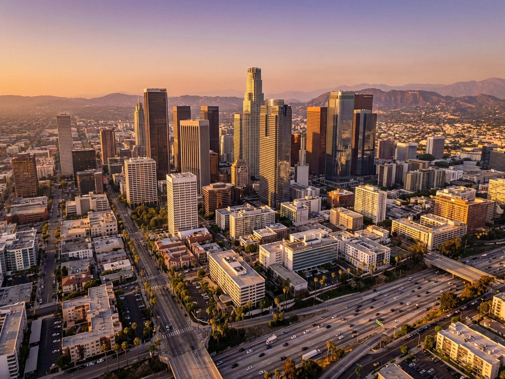Panoramic aerial view of Los Angeles skyline at golden hour
