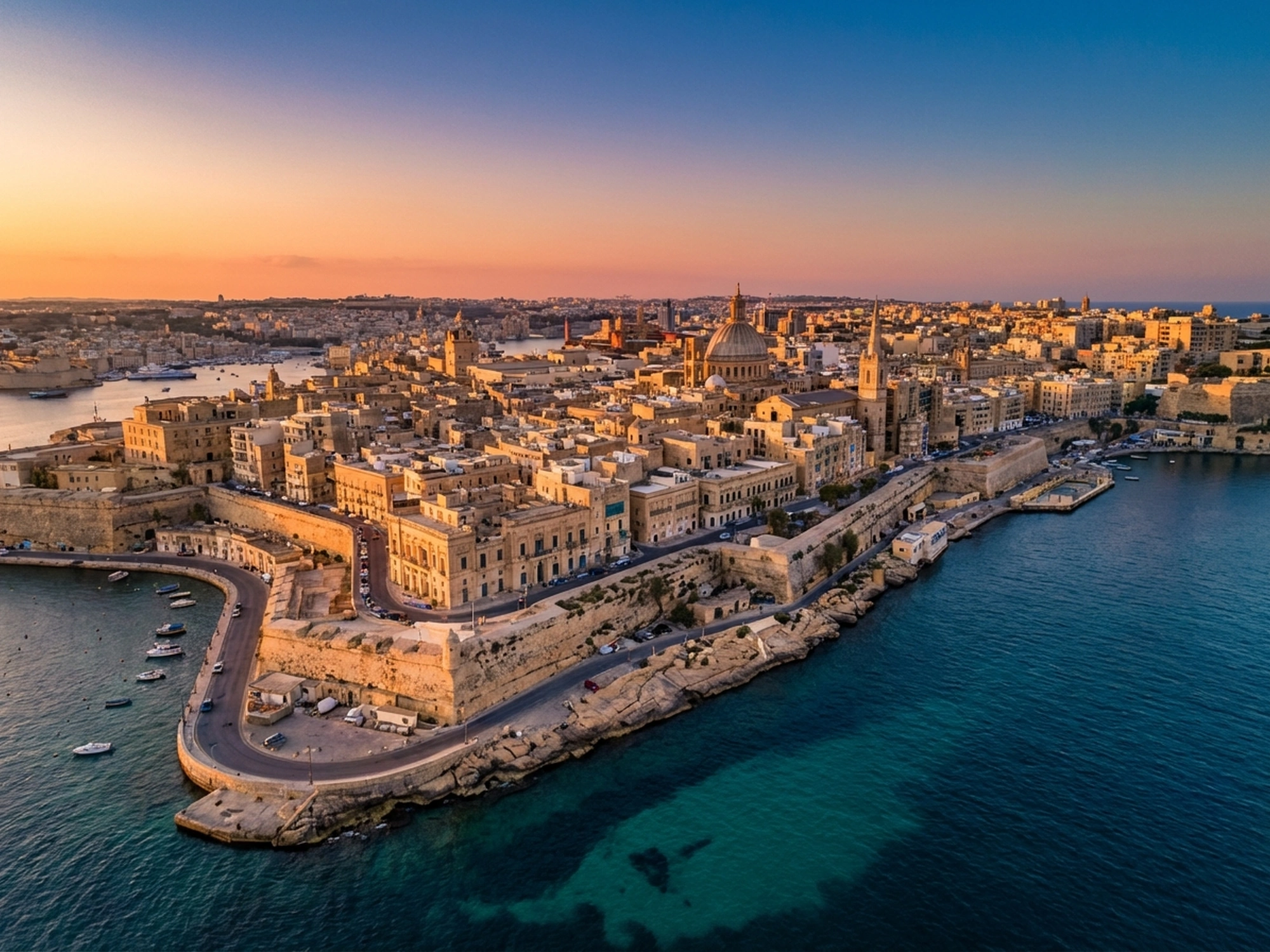 Panoramic aerial view of Malta skyline at golden hour