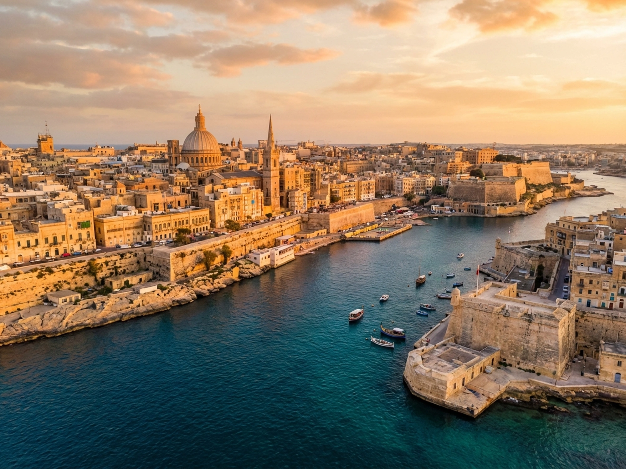 Panoramic aerial view of Malta skyline at golden hour