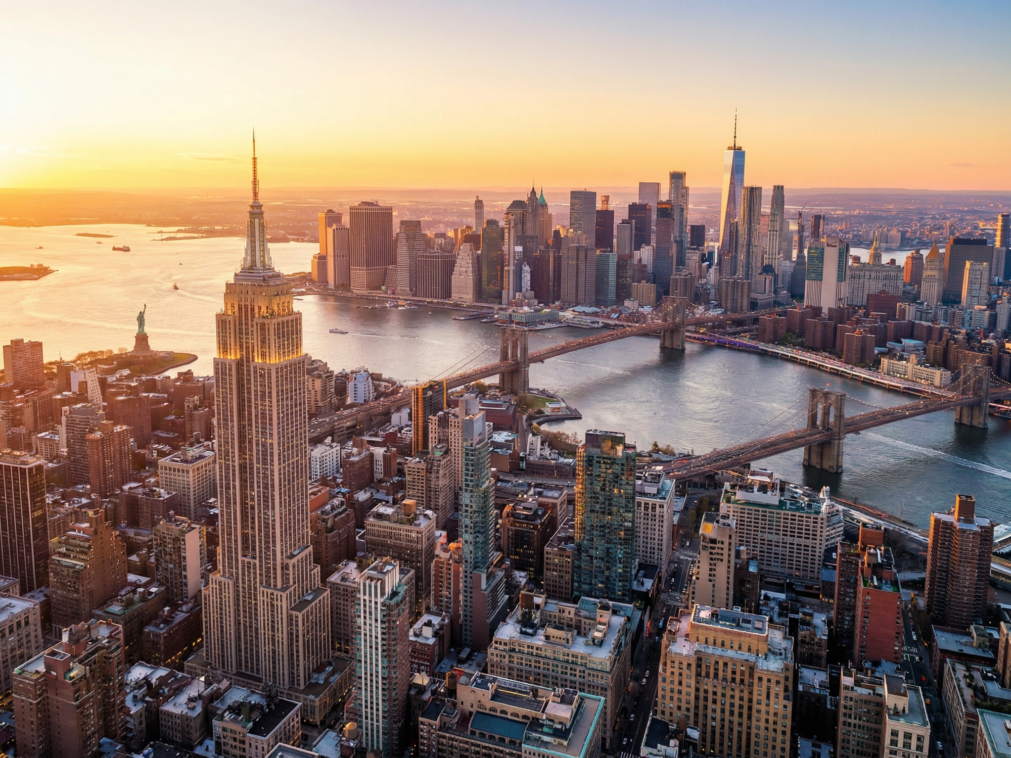 Panoramic aerial view of New York skyline at golden hour