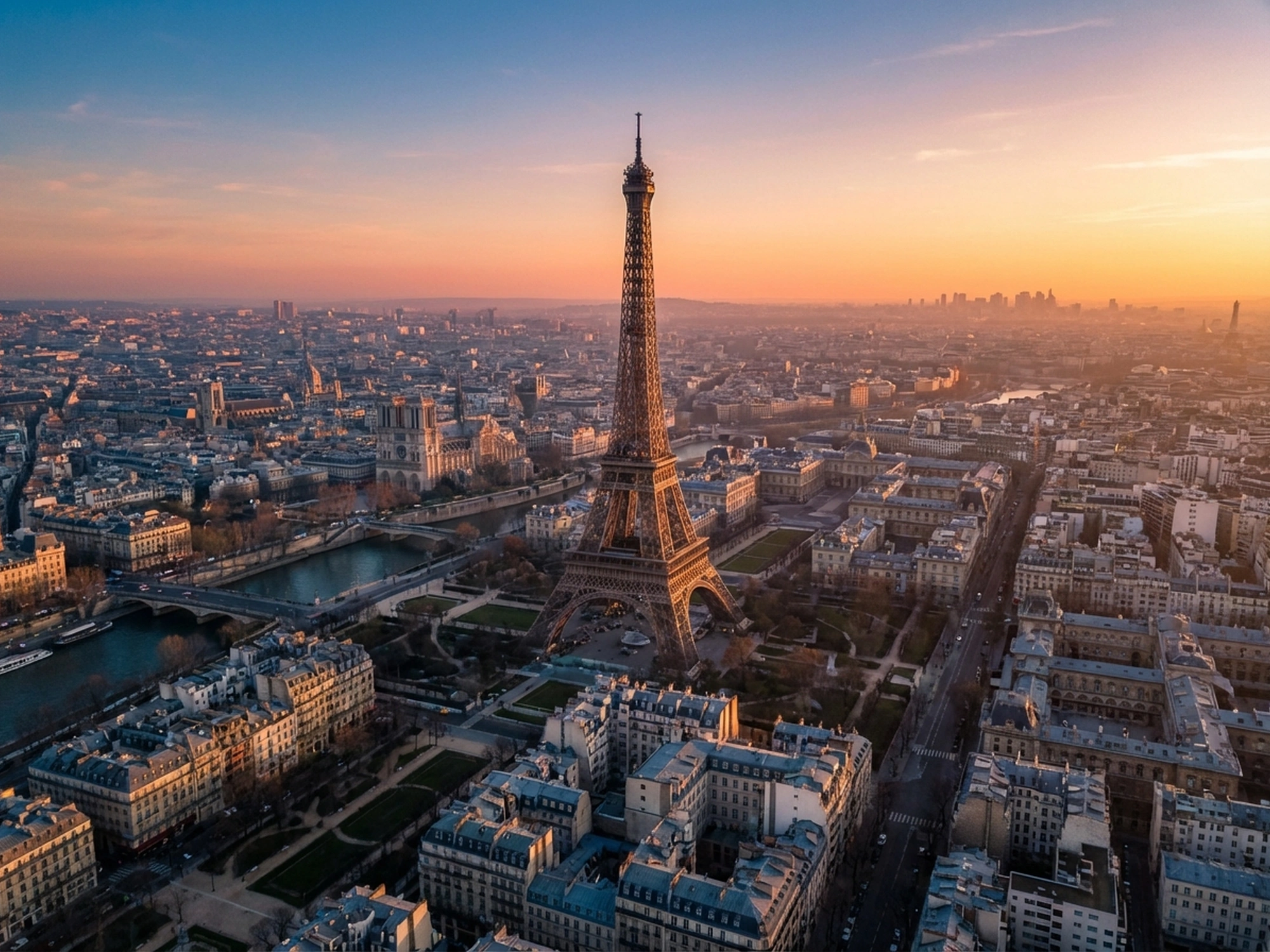 Panoramic aerial view of Paris skyline at golden hour