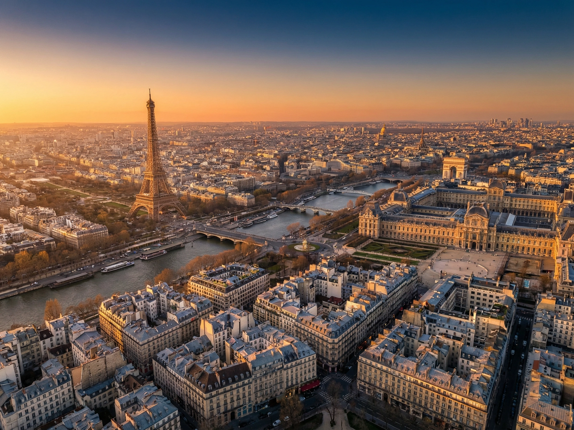 Panoramic aerial view of Paris skyline at golden hour