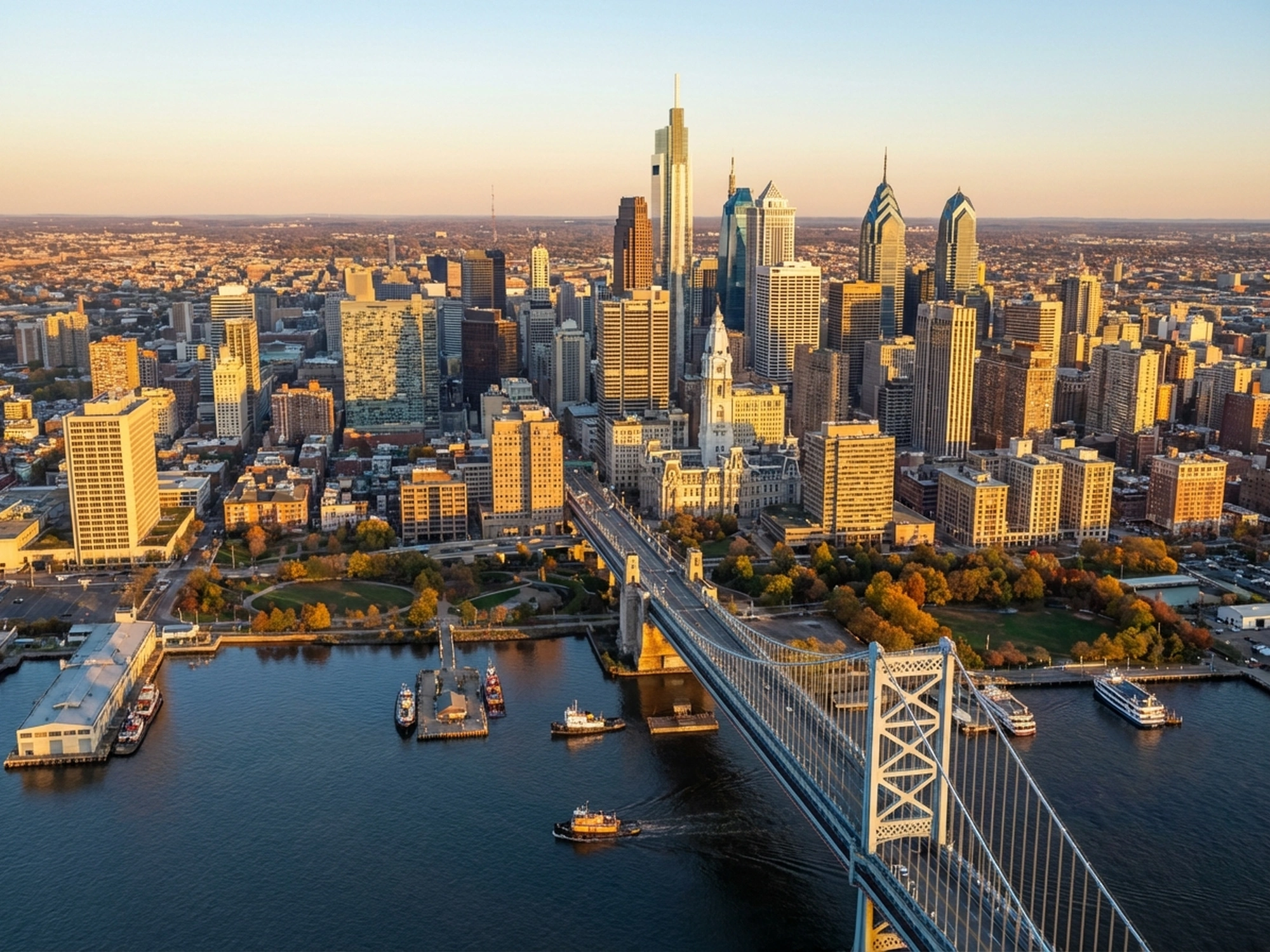 Panoramic aerial view of Philadelphia skyline at golden hour