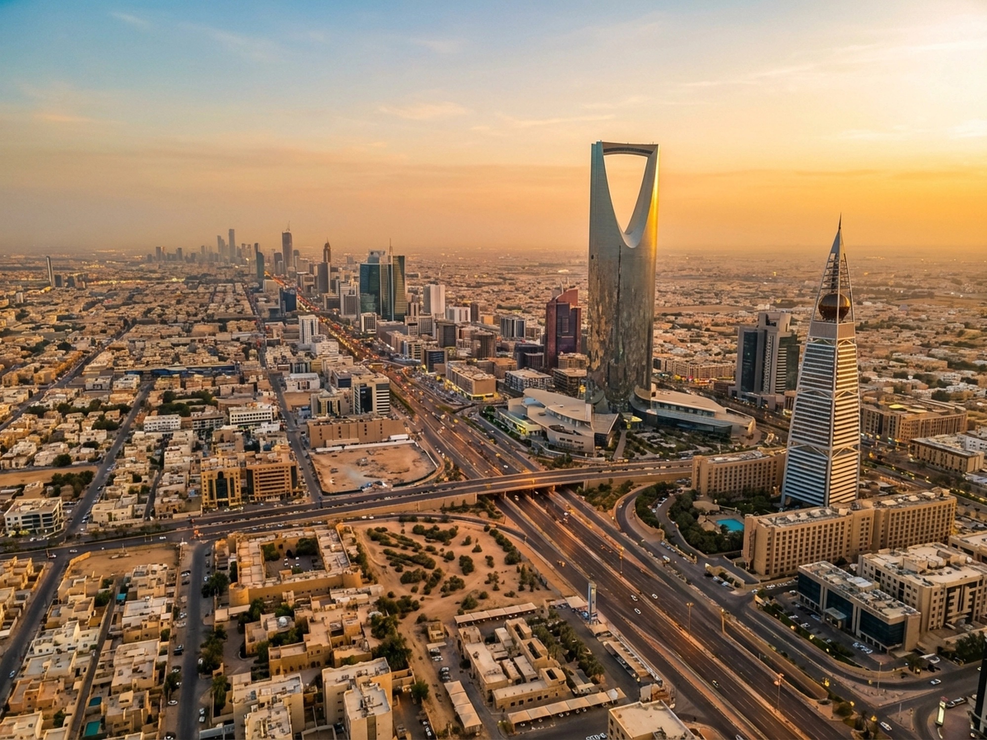 Panoramic aerial view of Riyadh skyline at golden hour