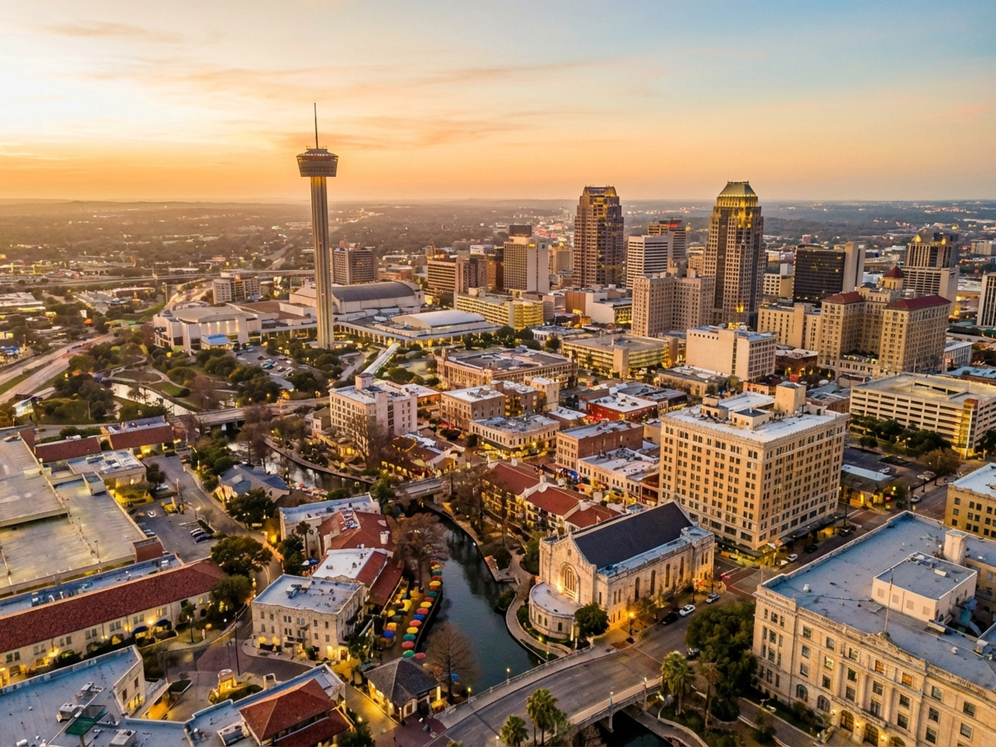 Panoramic aerial view of San Antonio skyline at golden hour