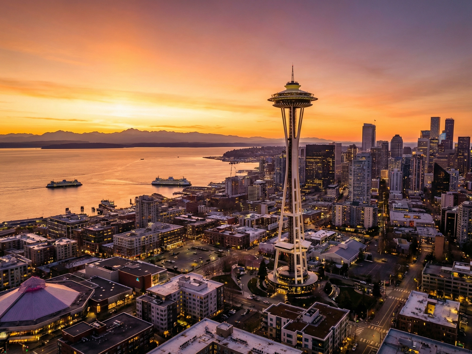 Panoramic aerial view of Seattle skyline at golden hour